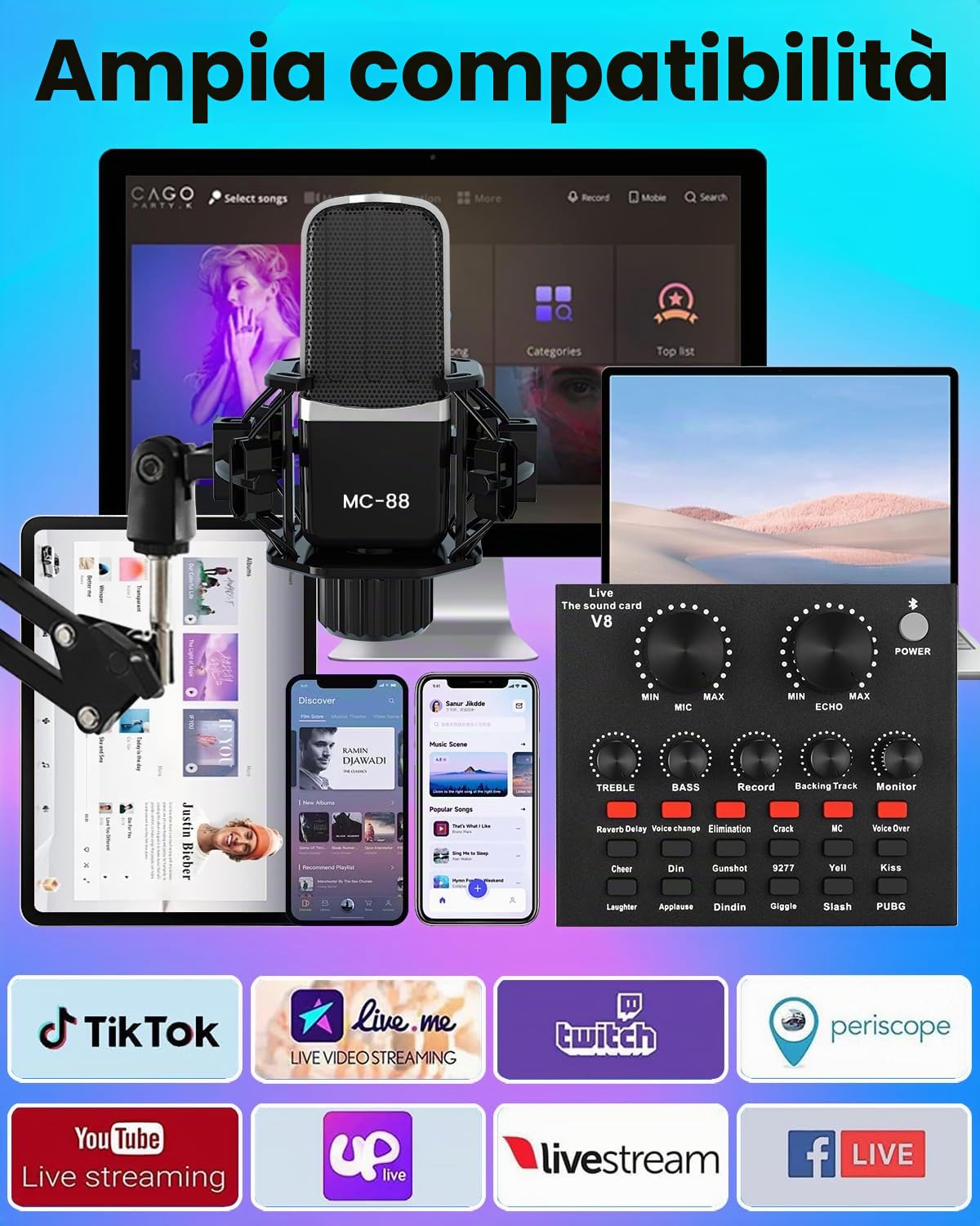 Pacchetto attrezzatura podcast, interfaccia audio all-in-one con microfono a condensatore da studio, perfetto per podcasting, registrazione, canto, streaming e giochi, PC, smartphone, YouTube, TikTok