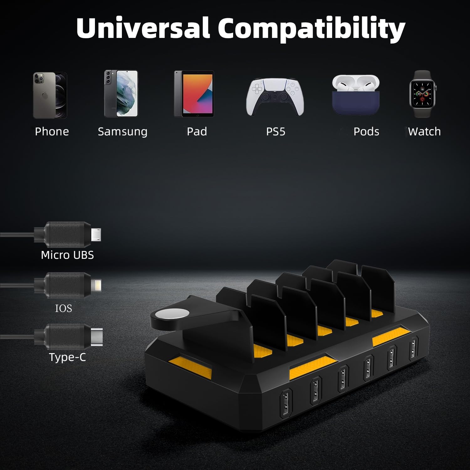 Station de charge pour plusieurs appareils, station de charge USB 50 W 6 ports avec support de montre magnétique, station de charge mécanique, câble 6 ports inclus, noir