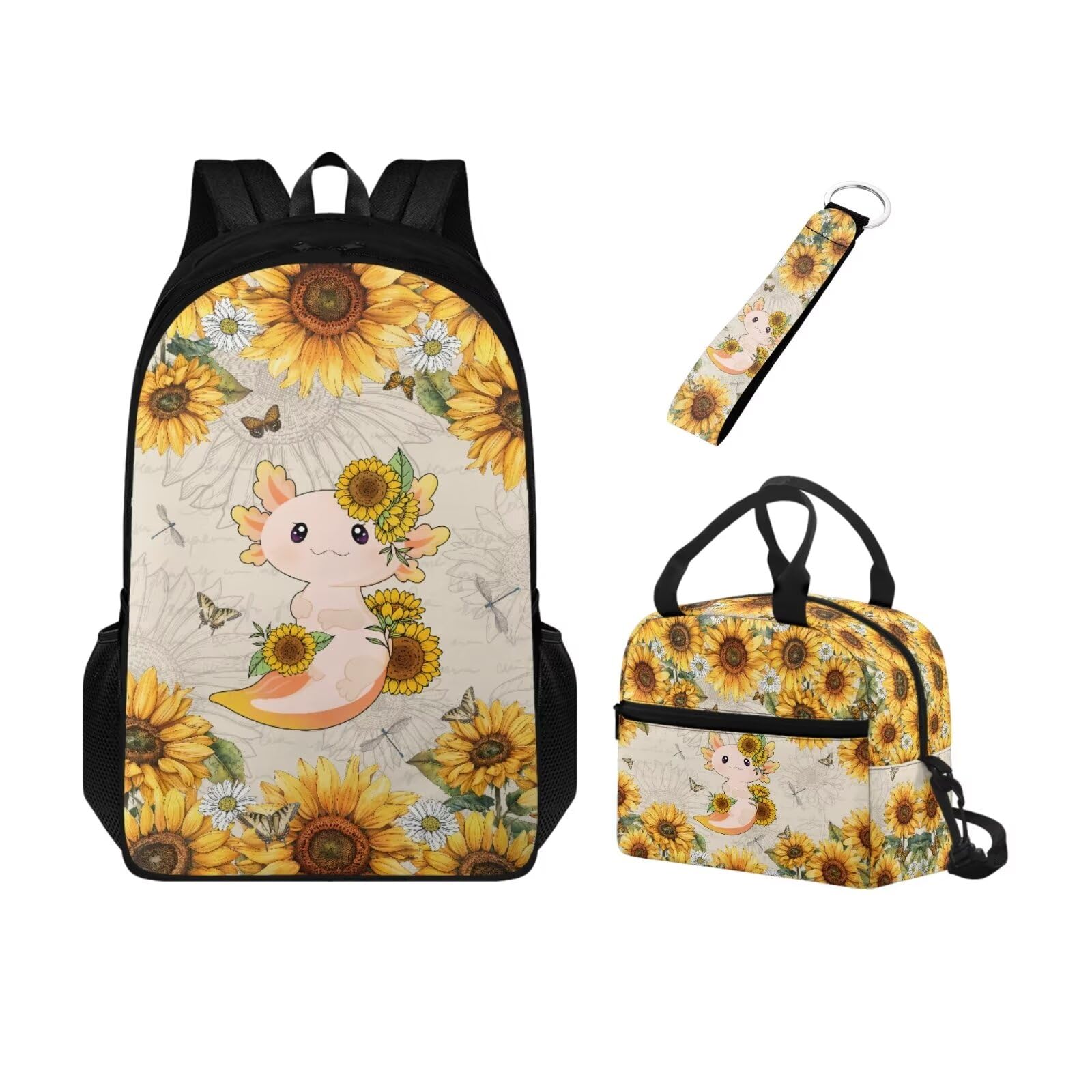 Belidome Set zaino e borsa per il pranzo per donne e uomini con portachiavi, borsa per libri scolastici per ragazze e ragazzi zaino da viaggio, Axolotl Girasole, Taglia unica