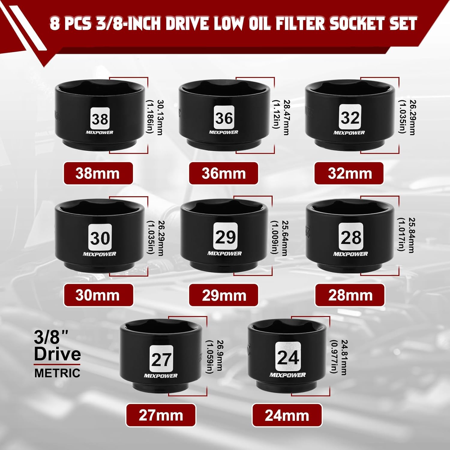 MIXPOWER 8 Pieces 3/8" Drive Low Profile Oil Filter Socket Set, 24mm, 27mm, 28mm, 29mm, 30mm, 32mm, 36mm, 38mm, Oil Filter Cap Remover and Installer Tool Set