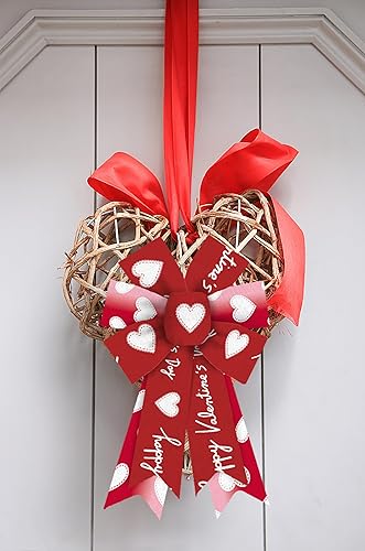 Miniatura 4 de Estivaux 2 lazos de San Valentín para corona, lazos de corona para el día de San Valentín, lazos de arpillera rojos y blancos, lazos de corazón para