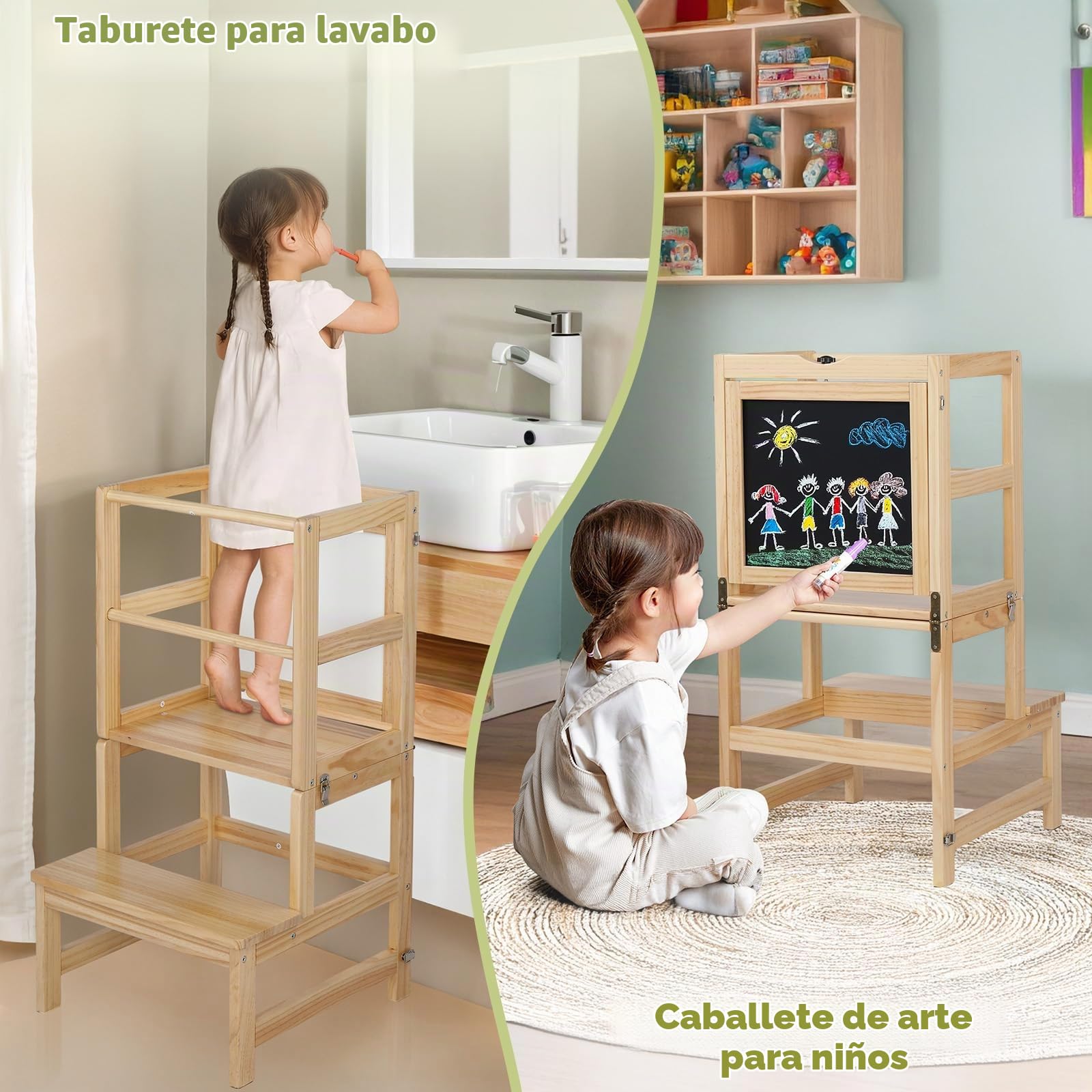 Bonnlo Torre de Aprendizaje Plegable de Madera, Escalera Infantil 4 in 1 con Pizarra, Convertible en Mesa y Silla, hasta 60 KG, Desde 3 Años, Natural