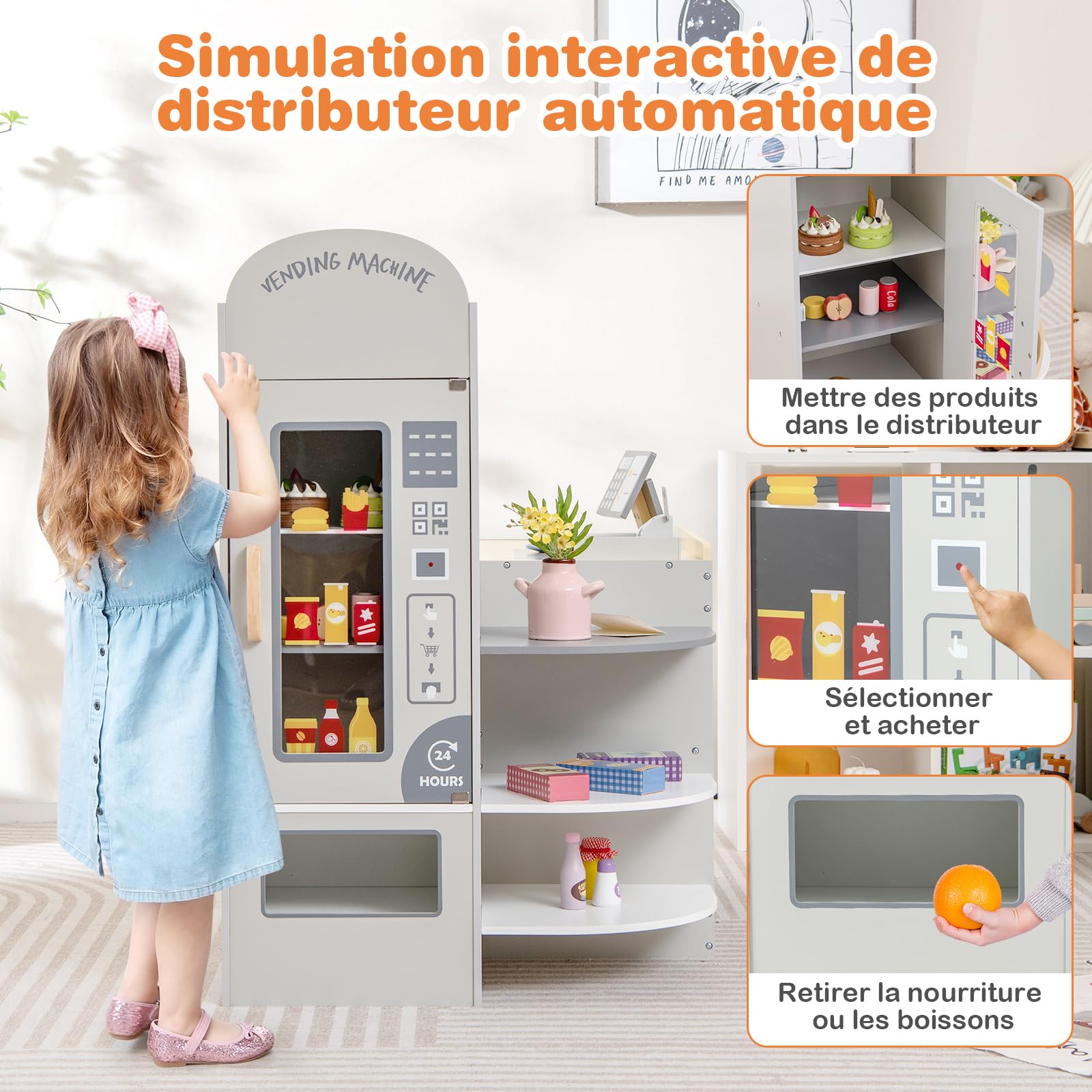 COSTWAY Épicerie Enfants en Bois avec 15 Accessoires & Distributeur Automatique, Marchande Enfants avec Caisse Enregistreuse Réaliste & Tableau Noir, Jeu d’Imitation pour Enfants de 3-8 Ans (Gris)