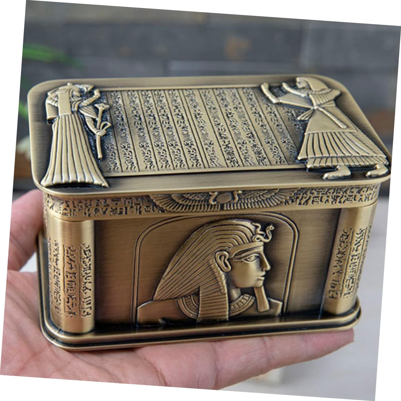 PRETYZOOM Ägyptische Sphinx Schmuckbox Vintage Stil Metall Schmuckbehälter Für Ringe Ohrringe Aufbewahrung Elegantes Design 12.6X8X7Cm