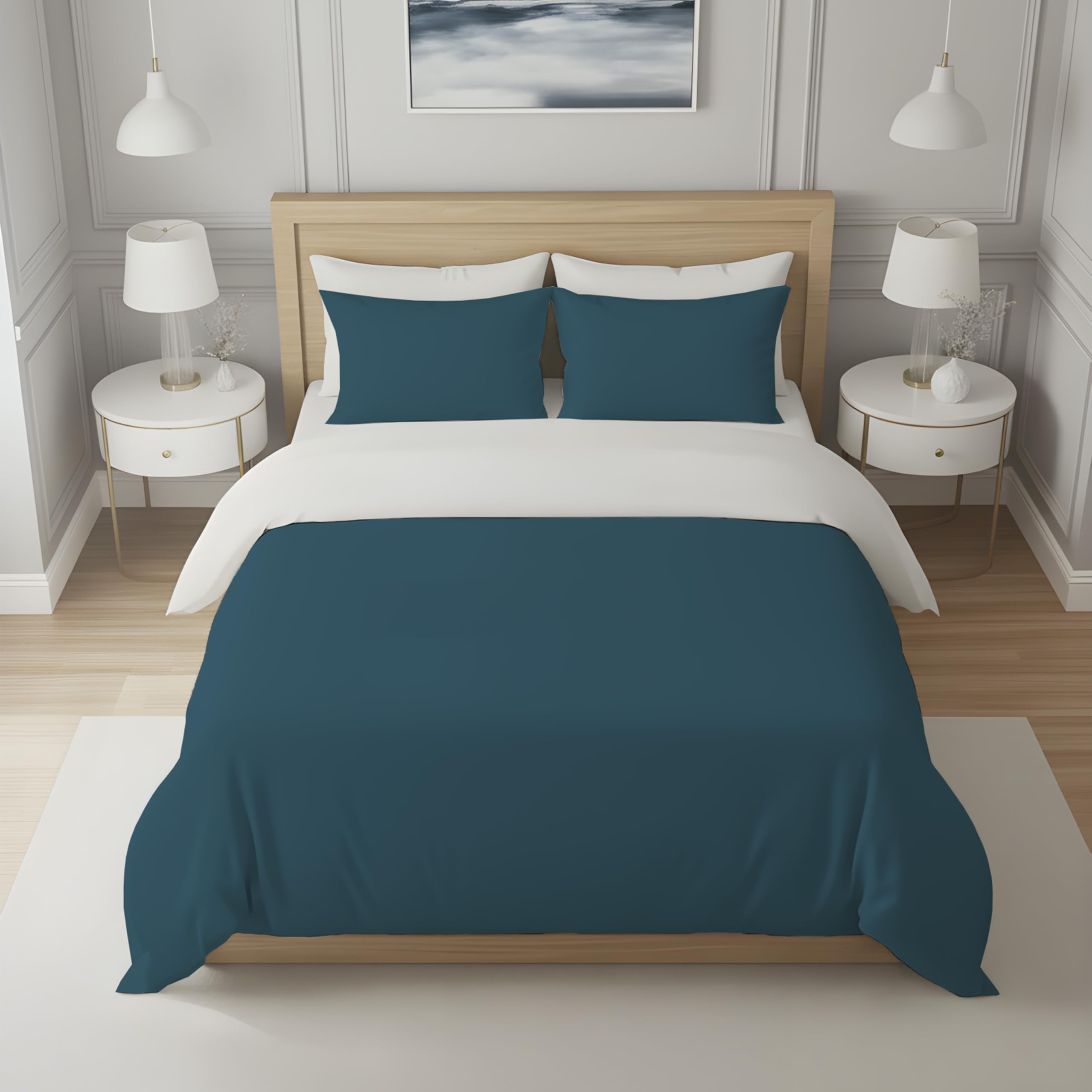 Soleil d'ocre, Two-Tone Cotton Duvet Cover 57 Thread Count 240 x 220 cm White and Duck Egg Blue