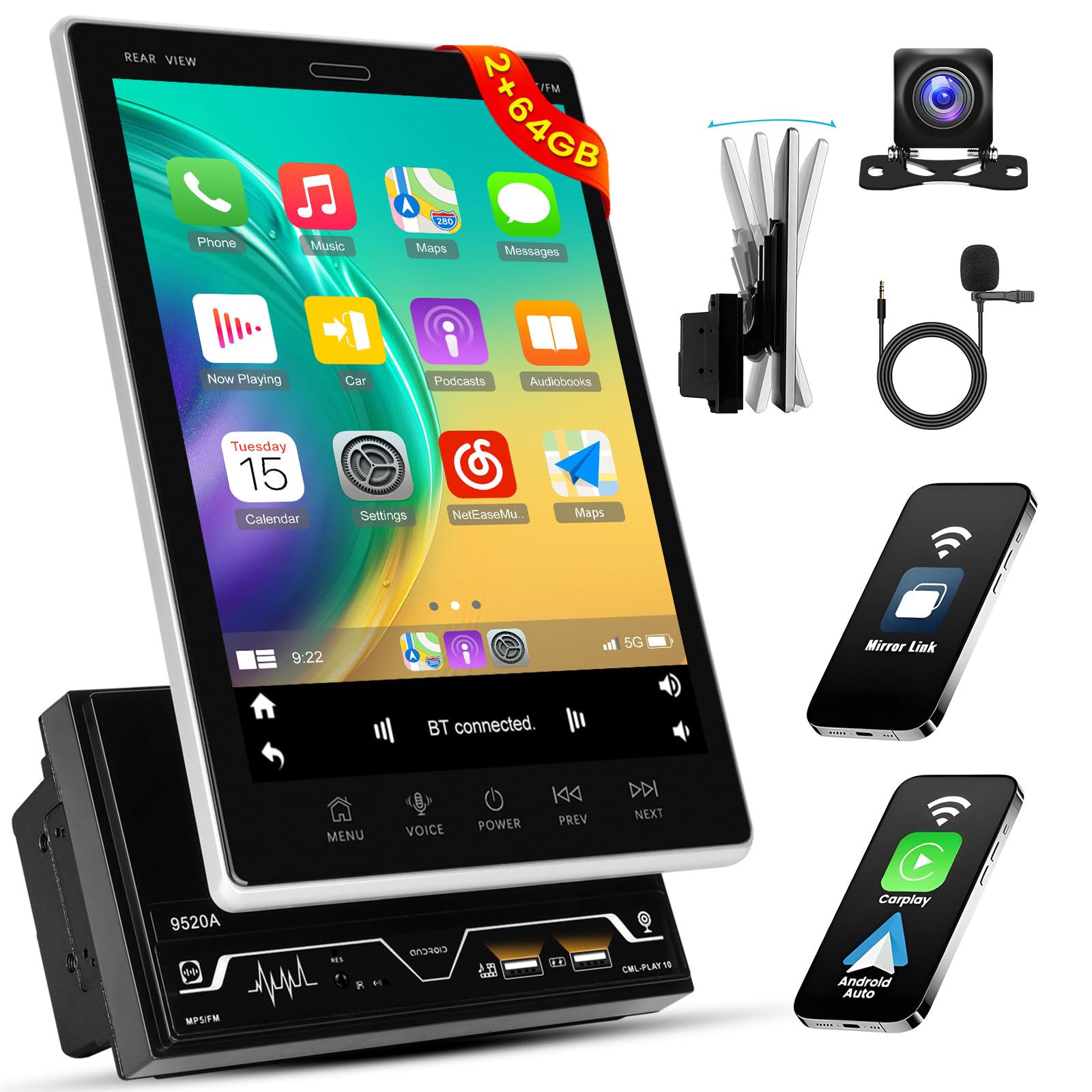 Podofo Android 11 Autoradio 1 Din Carplay sans Fil avec Navi 1 16G Écran Pivotant 10'' écran