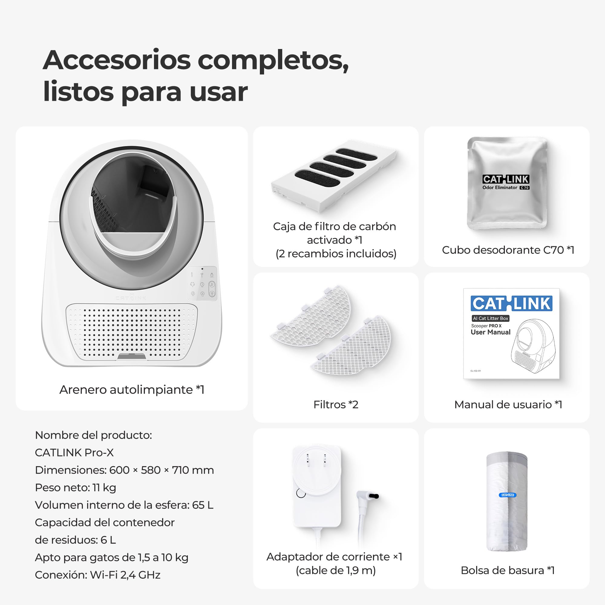 Arenero Autolimpiante CATLINK Pro-X con App y Contenedor de Residuos de 13L para Gatos Grandes, 4 Modos de Limpieza, Control de Olores 4X (Ozono+UV+Carbón Activado+Gel Desodorante)