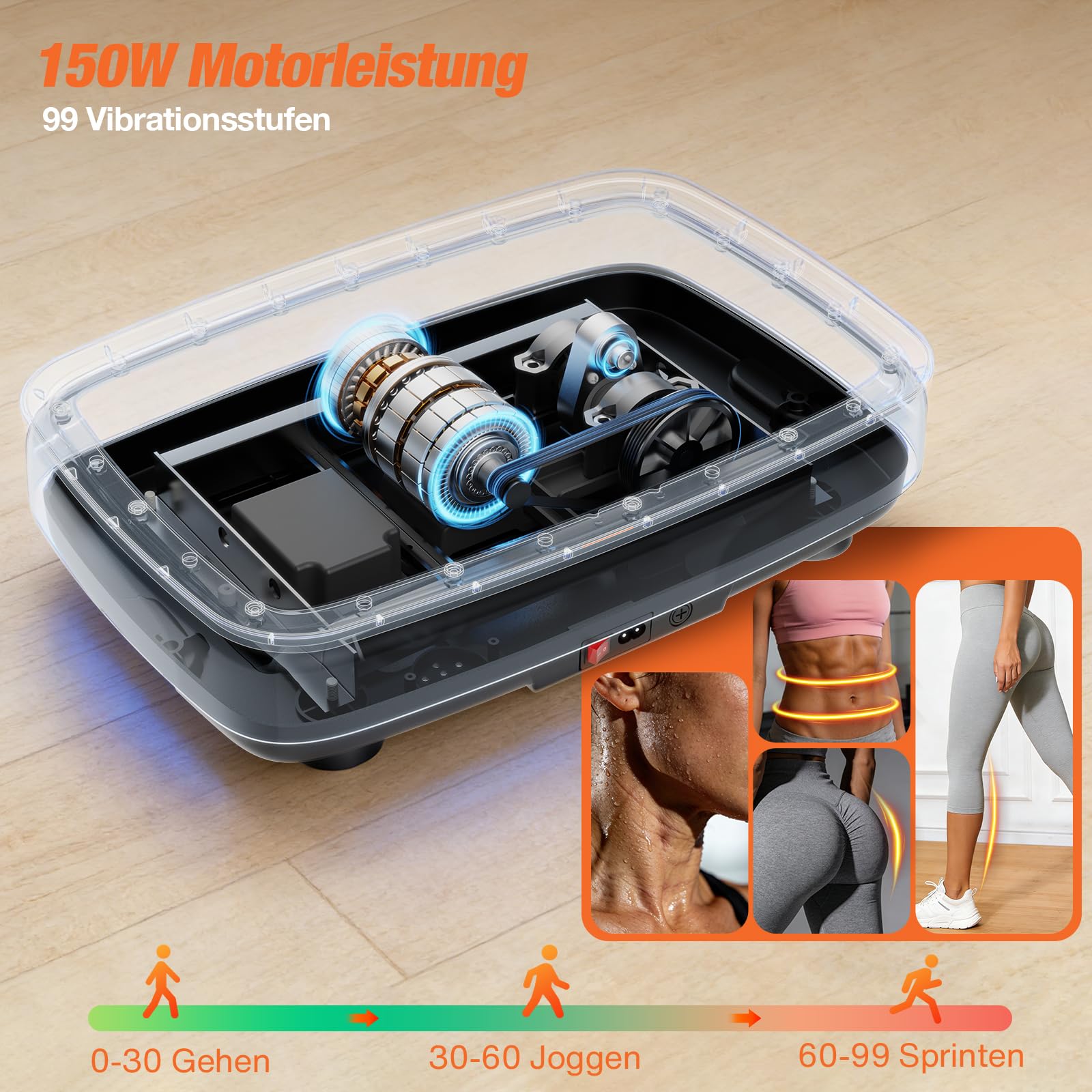 DH FitLife Vibrationsplatte für Zuhause | Rüttelplatte 0–99 Stufen mit Timer | 9 Auto-Programme | leise Schwingplatte mit Saugnäpfen | Stimmungslicht & Bluetooth Sprecher | inkl. Zugbänder | 150kg