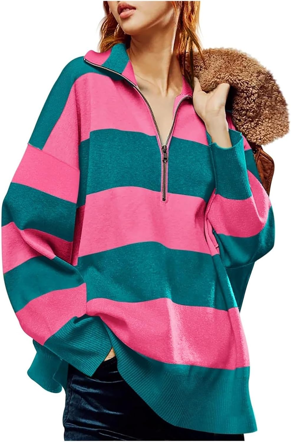 Striped Sweater Women Oversized Womens Sweaters Half Zip Pullover Women Turtleneck Cable Knit Sweater Long Sleeve(Rosy,Large)