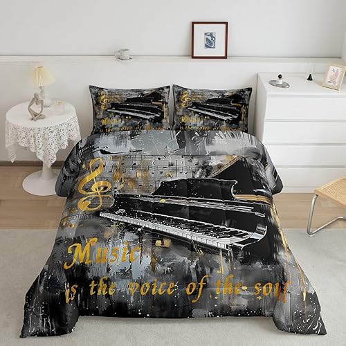 Piano Music Comforter Set King Size,Musical Notes Bedding Set 3Pcs for Kids Girls Boys Teens Room Decor,Retro Graffiti Grey Gold Down Comforter