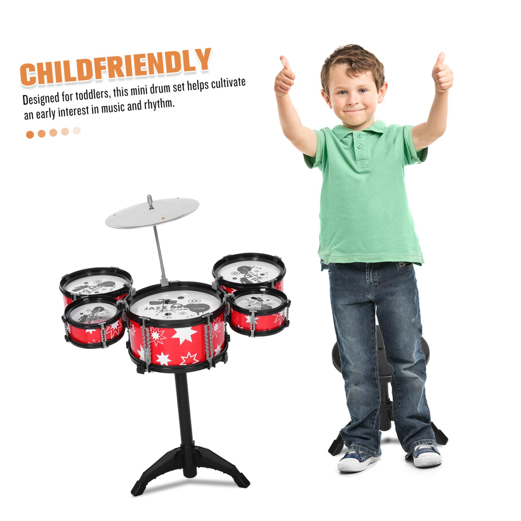 Batteria Giocattolo per Bambini, Mini Set Rosso in Plastica | Design Realistico, Multifunzionale, per Piccoli Musicisti, Strumento Musicale da Apprendimento e Pratica