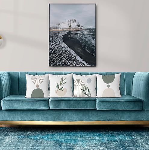 Miniatura 3 de KEUSPI Fundas de almohada abstractas bohemias de color beige y verde con líneas geométricas y hojas botánicas de arcoíris, juego de 4 fundas de