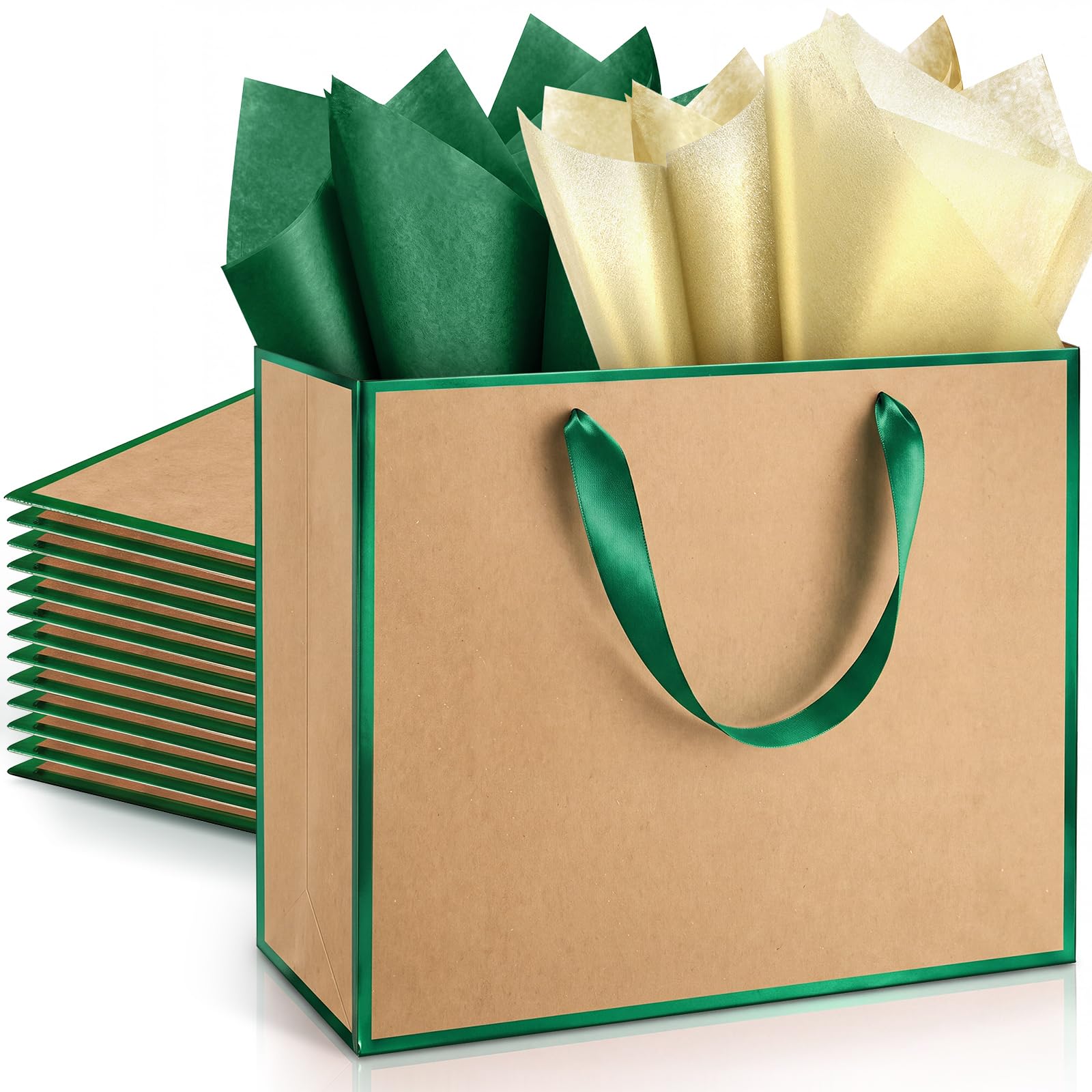 ReliThick 12 Pack Paper Gift Bag with Handles & Tissue, Kraft, Green