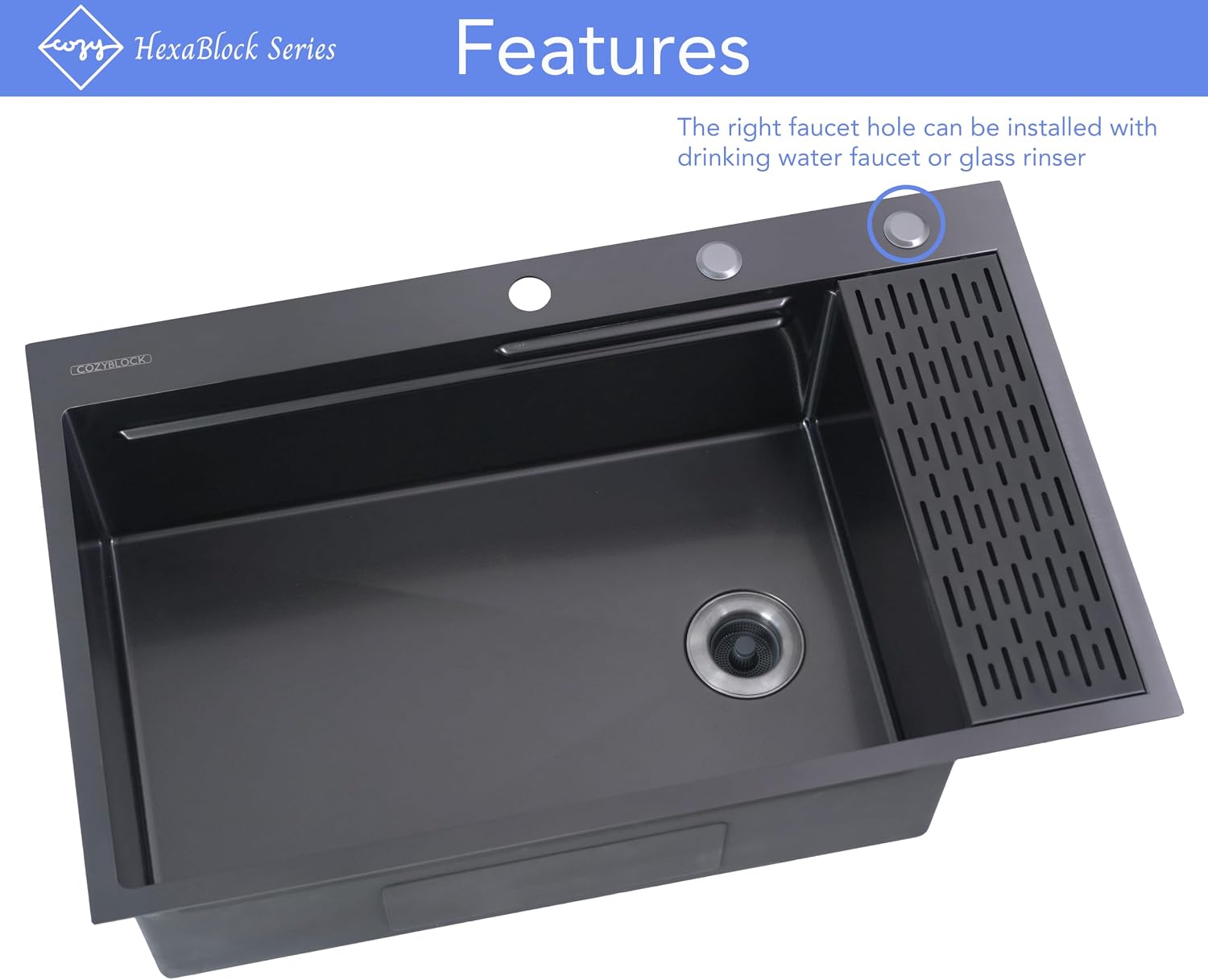33 Inch CozyBlock EmboPress Series Topmount Workstation Single Bowl Kitchen Sink - Drop In 16 Gauge Black Stainless Steel with Drainboard, 2-Tier Ledges, Honeycomb Embossed
