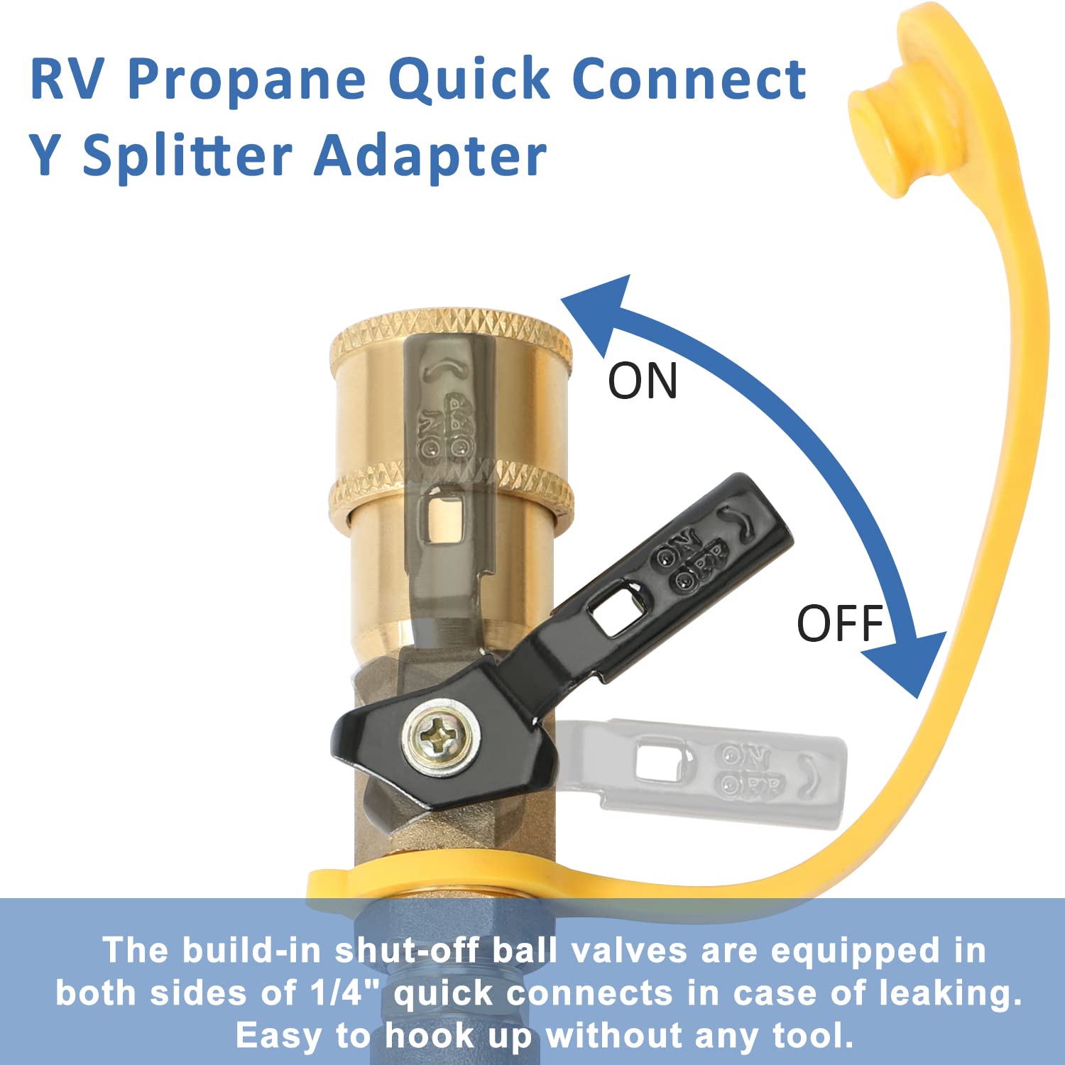 ATKKE Adaptador divisor en Y de propano RV de conexión rápida de 1/4 pulgadas con válvula de apagado para remolque RV, adaptador de gas de vuelta de 2 maneras para manguera de desconexión rápida para