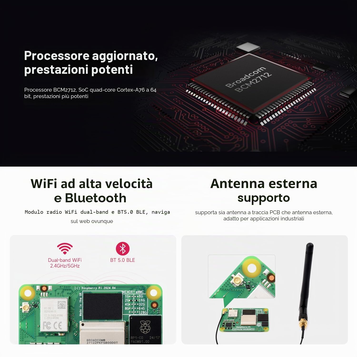 CM5 Waveshare Pi Compute Module 5 CM5104032 (WiFi, 4GB RAM, 32GB Flash eMMC), Raspberry Pi Computing Module Core Board, Include Antenna e Heatsink (3 Pezzi)