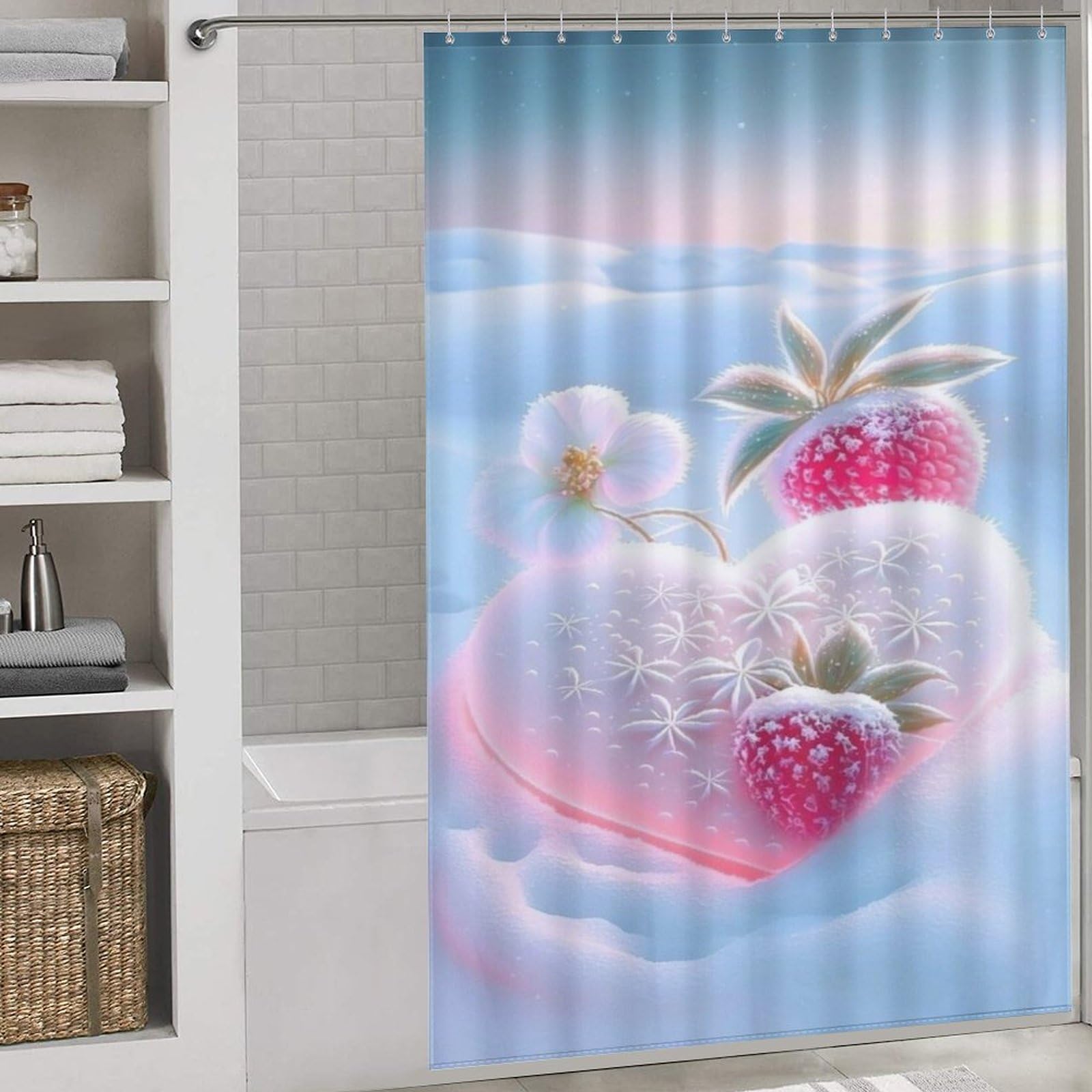 Rideau de douche fraise pour baignoire familiale : un bain coloré et un sol toujours sec