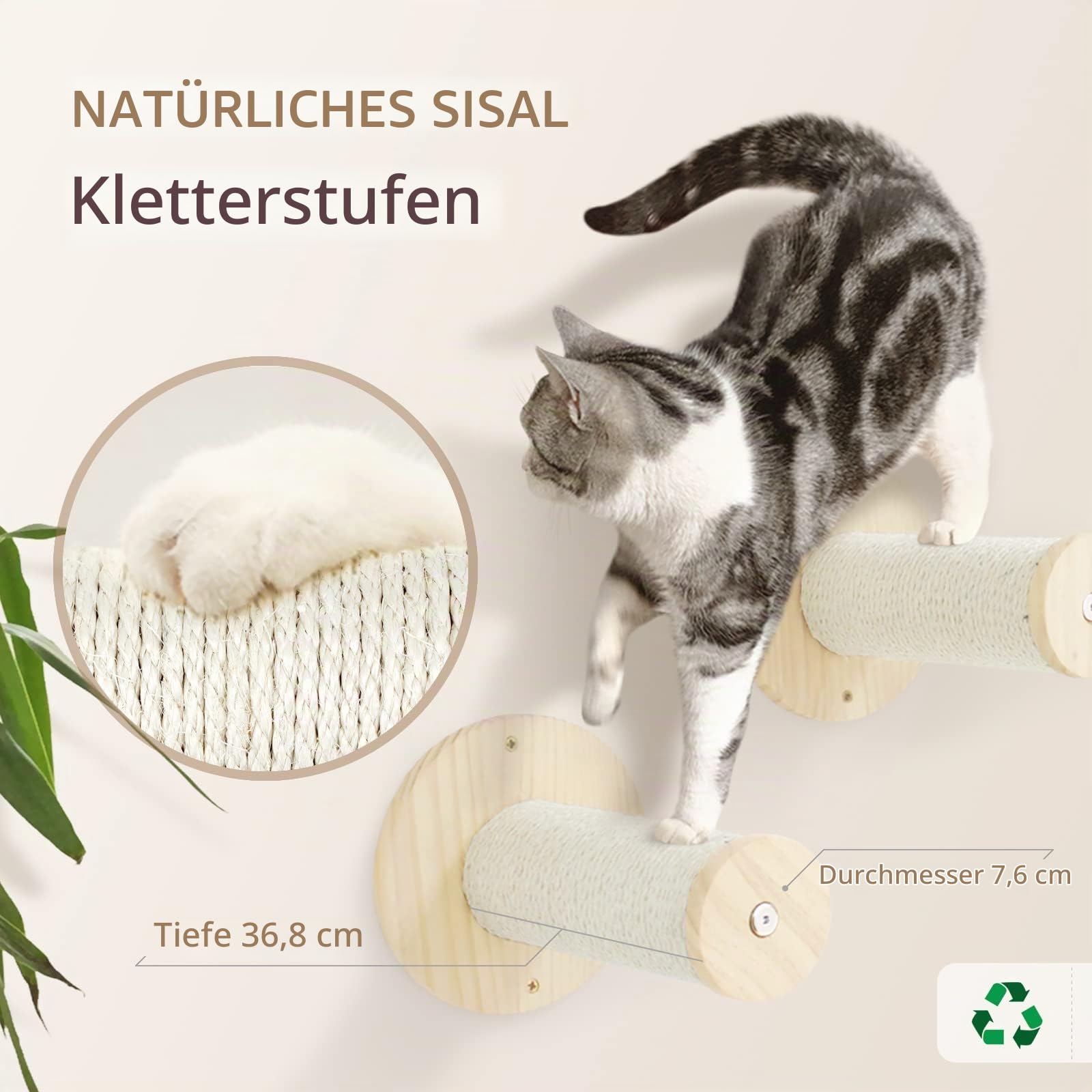 SONGWAY Kletterwand Katzen Katzentreppe Wandmontage - 4-teilig Katzen Kletterwand Set mit Hängematte und Sisalsäule, Wandliege Katze, Kratzbaum Wand, Katze kratzmöbel, Beige