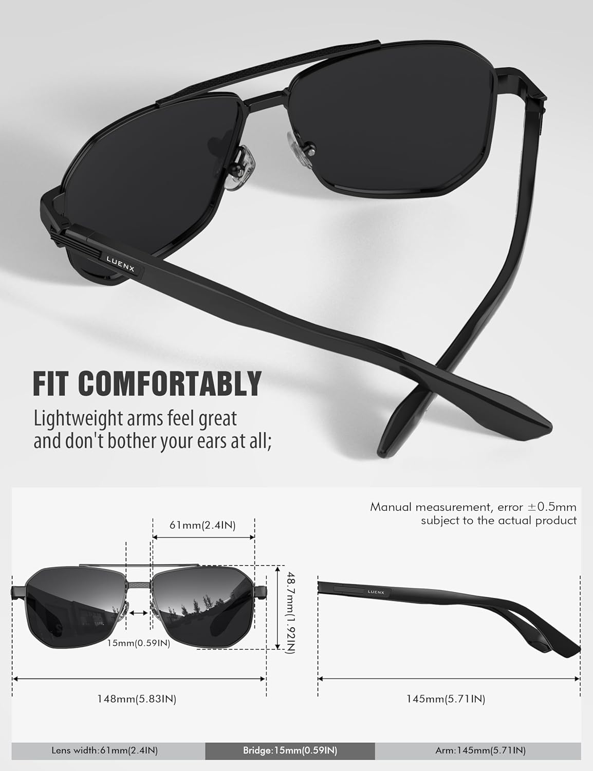 LUENX Men's Aviator Sunglasses Polarized Square Polygon Retro Shades UV 400 Protection - Image 4