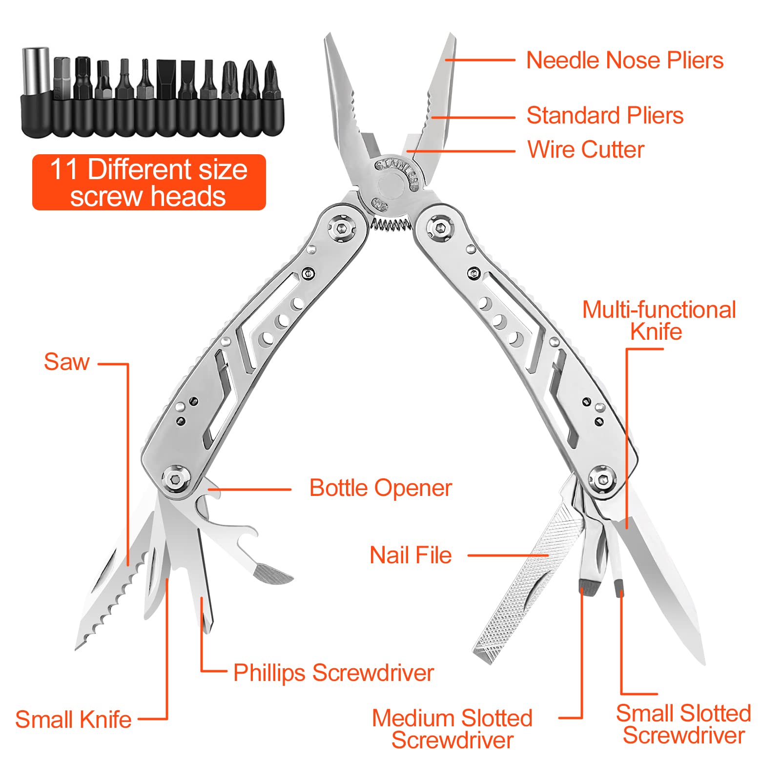 Gvolatee Pinza Multiuso 11 in 1, Pieghevole Multitool Acciaio Inossidabile Cacciavite