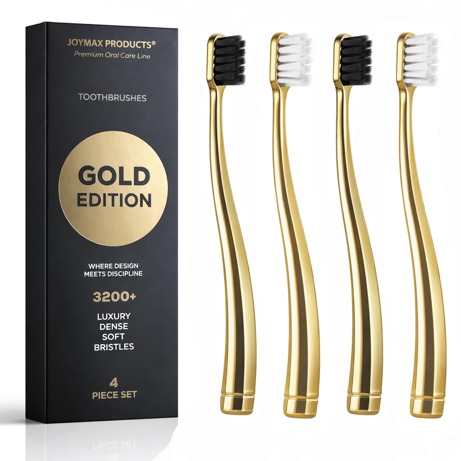 JoyMax Gold Edition Toothbrush Set (4 Pack) – Luxury Dense Soft Bristles, Premium Gold Handle, 3200+ Bristles