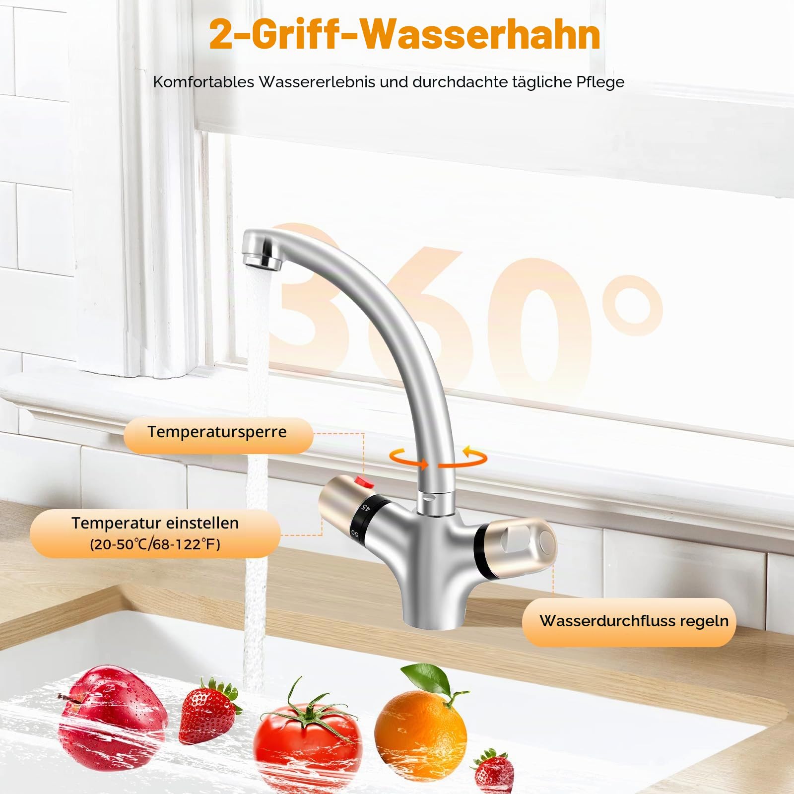 Wasserhahn Bad, Waschtischarmaturen mit Thermostat und Doppelstiel, Thermostat Mischbatterie Waschbecken, Wasserhahn Bad für das Waschbecken