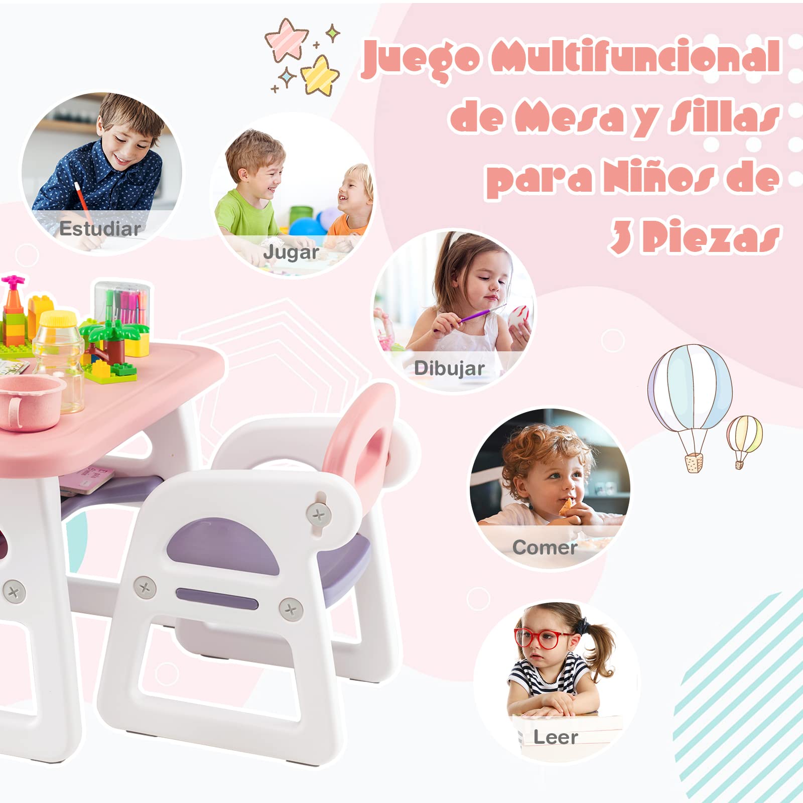 COSTWAY Juego de Mesa y Sillas para Niños, Juego de Escritorio Infantil para Leer, Dibujar, Escribir, Juego de Mesapara Interior con Estante de Almacenaje para Niños de 1 a 5 Años (Rosa y Morado)