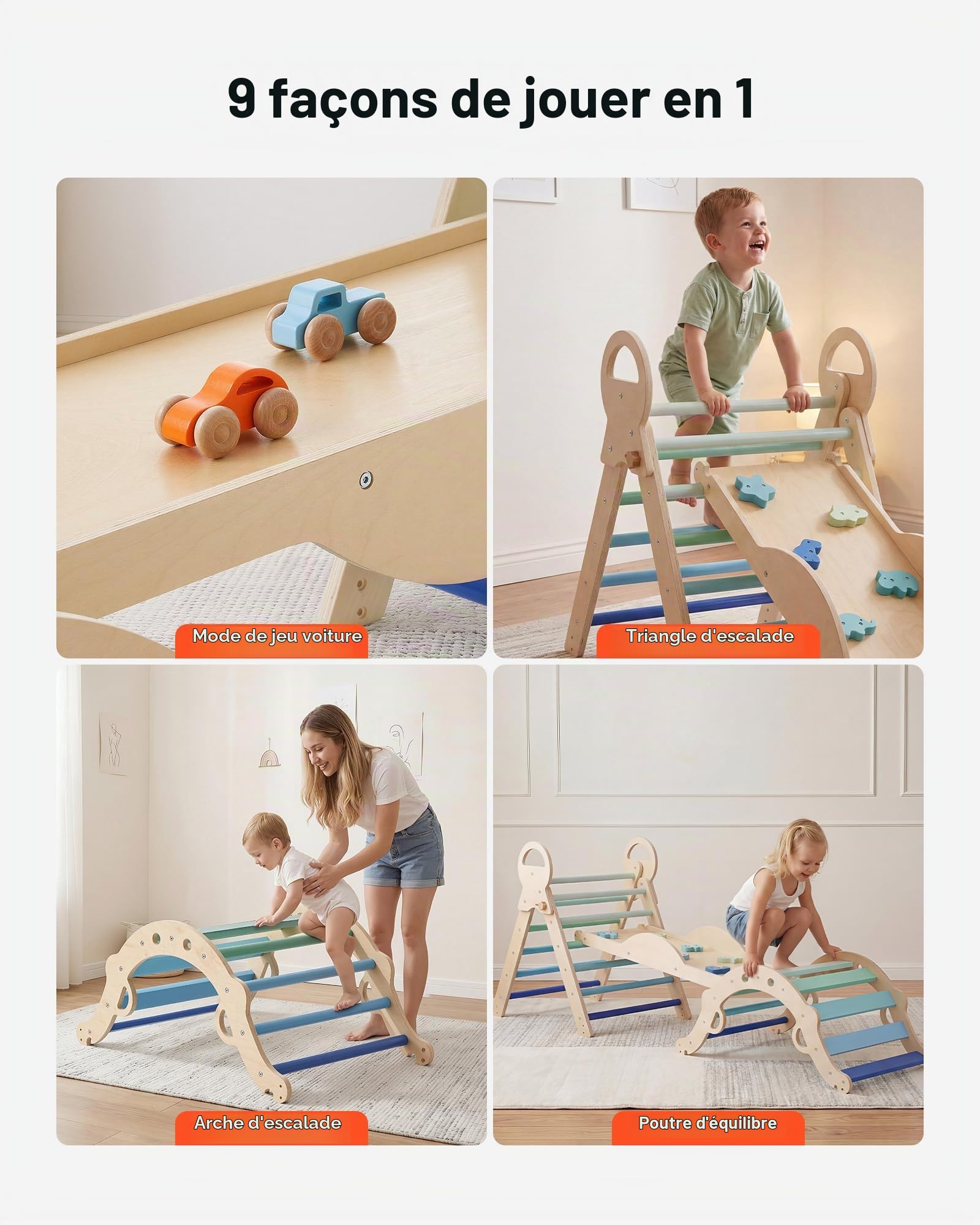 VEVOR Triangle d'escalade 9 en 1, Triangle de Pikler avec 2 Voitures en Bois, Coussin, Triangle, Arche et Rampe, Parcours Motricité Intérieur Montessori pour Bébé et Enfants, Charge Max 68 kg, Bleu