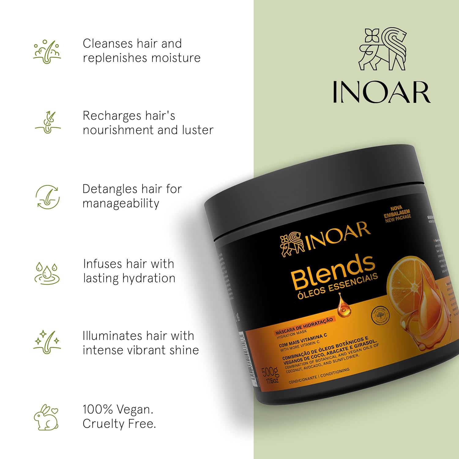 INOAR Blends Mask with Vitamin C & Argan Oil Moisturizing Hair Treatment for Dry Hair, Vegan & Cruelty-Free, 17.64 Fl Oz