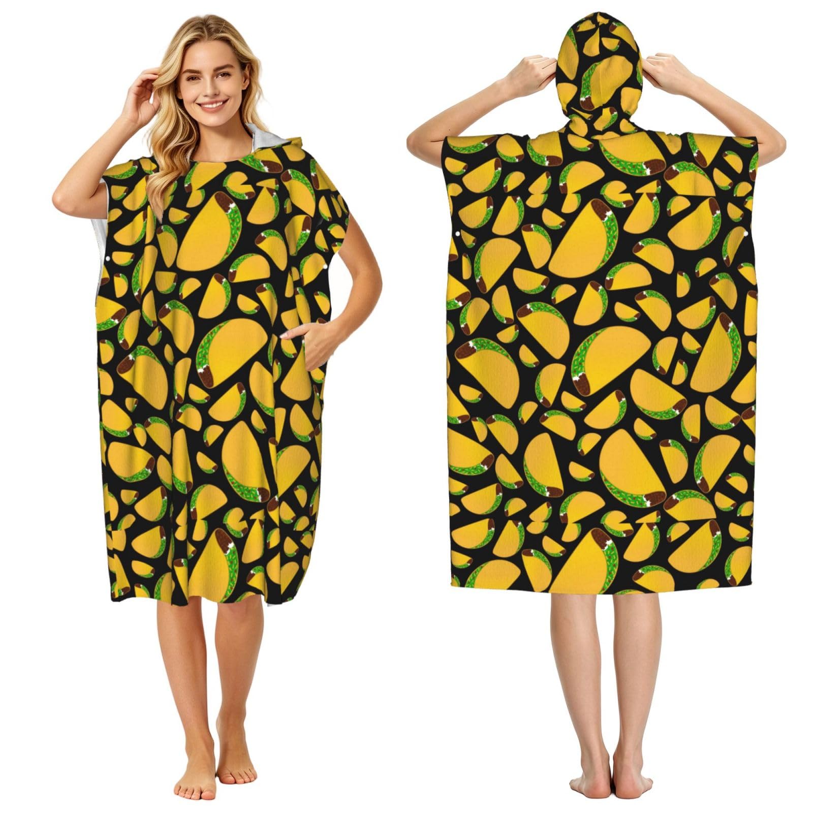 Poadnly Black Tacos Design, Adult Hooded Beach Towel 90 x 110 cm,Changing Bath Robe, Surf Poncho Towel For Women Men
