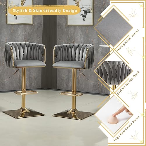 Miniatura 3 de Juego de 2 taburetes de bar modernos de terciopelo, cómodos taburetes de bar giratorios con altura ajustable y respaldo tejido, taburete alto de