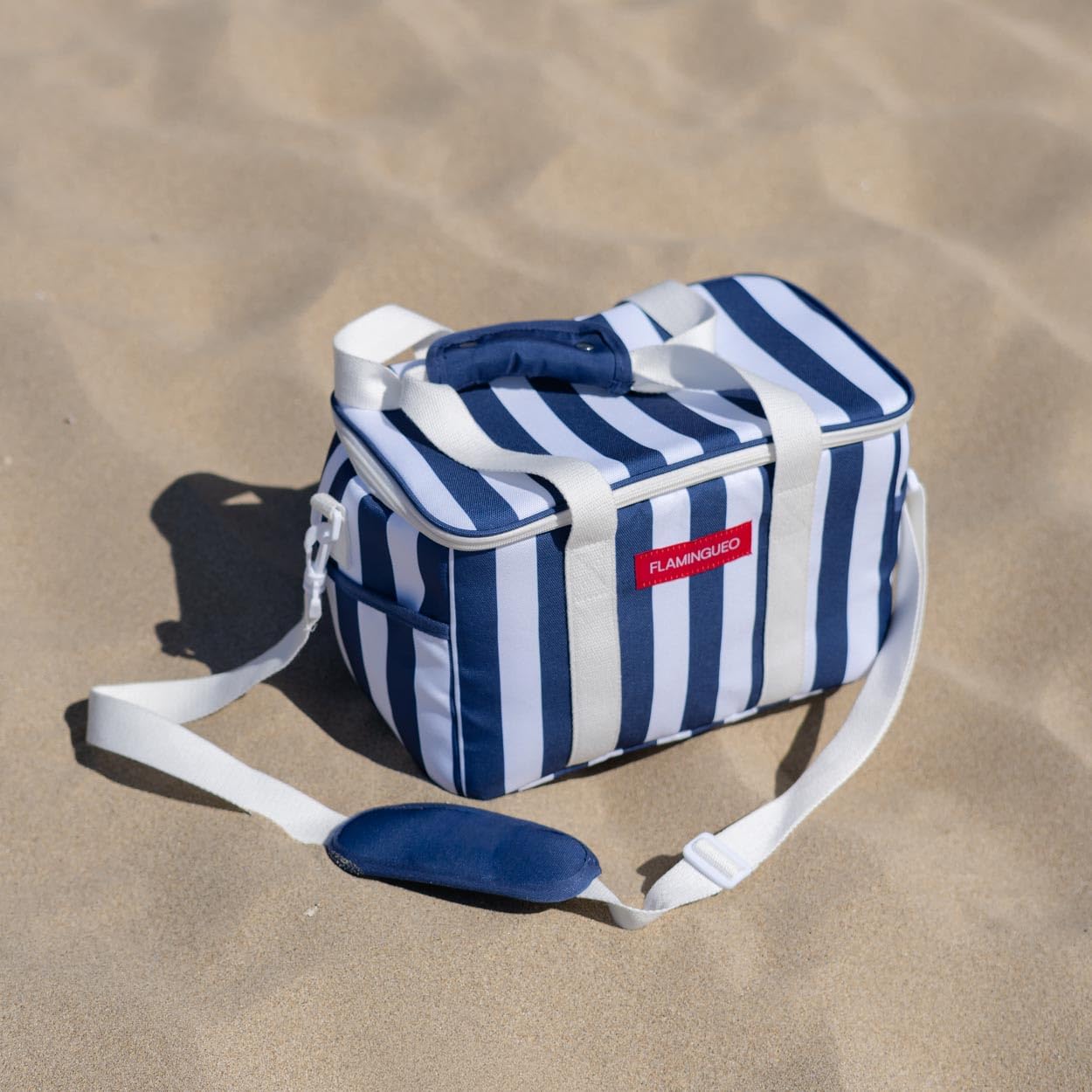 Flamingueo Sac Isotherme - Pour la Plage, Piscine, Camping - Capacité 12L - Conserve le Froid 4 Heures - Nombreuses Poches - Doubles Poignées - Polyester - Bleu Marine