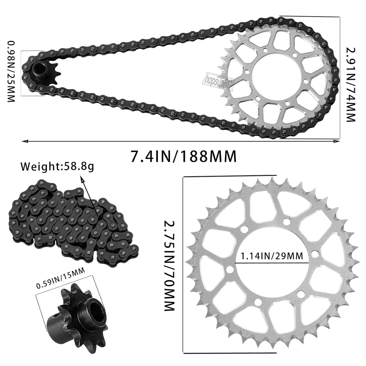 Upgrades Parts Aluminum 7075 Rear Hub Chain Sprocket 36T Gears&Manganese Steel Roller Chain&10T Steel Front Sprocket for L0Si 1/4 Promoto-MX Motorcycle RTR FXR(los06000)(los06002),Silver