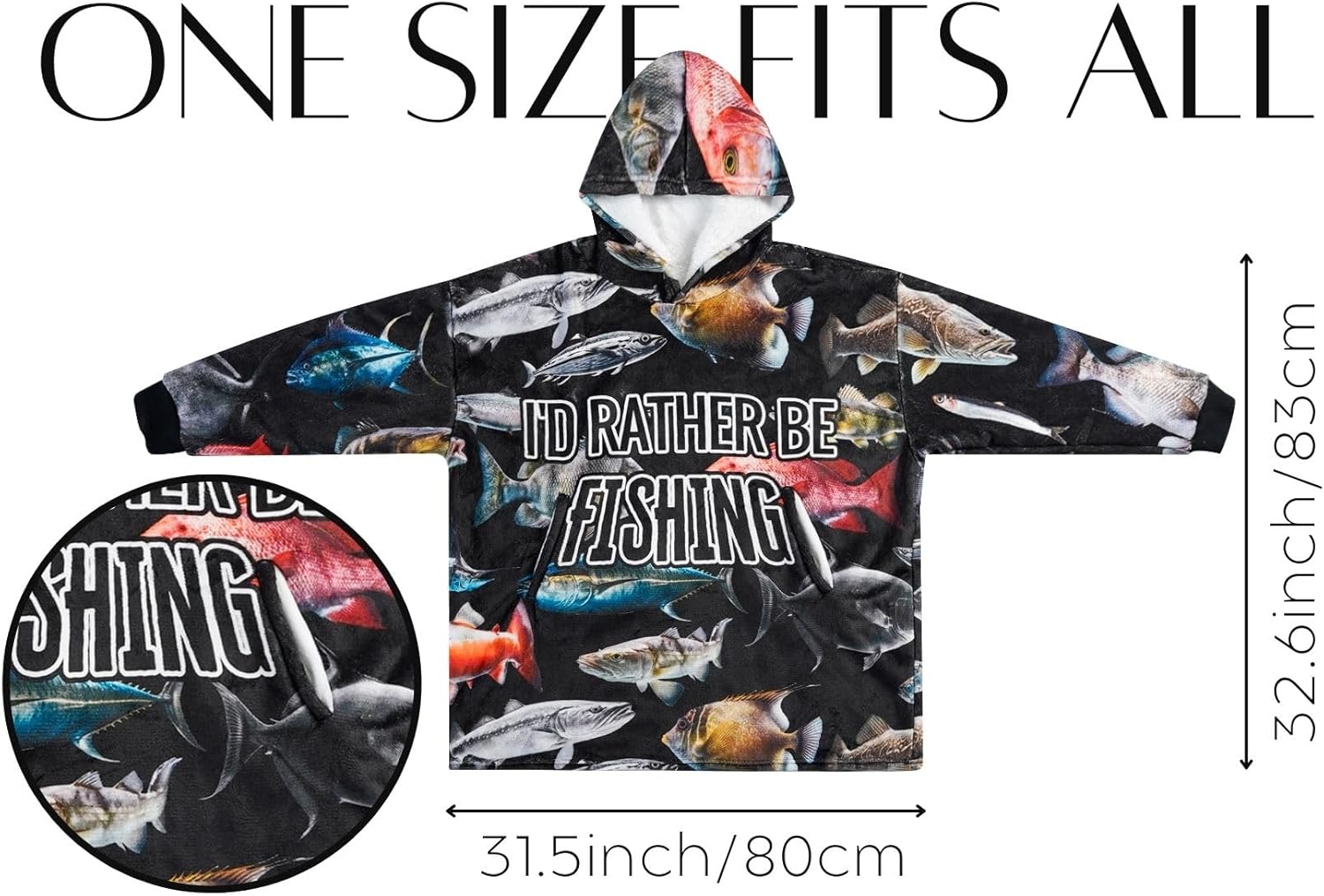 Fishing Gifts for Men, I'd Rather Be Fishing Blanket Hoodie Wearable Hooded Blanket, One Size