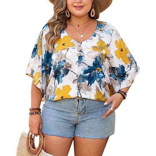 AGUTIUN Plus Size Top for Women Floral Printed V Neck Oversized T Shirts Loose Fit 3/4 Short Sleeve Casual Summer