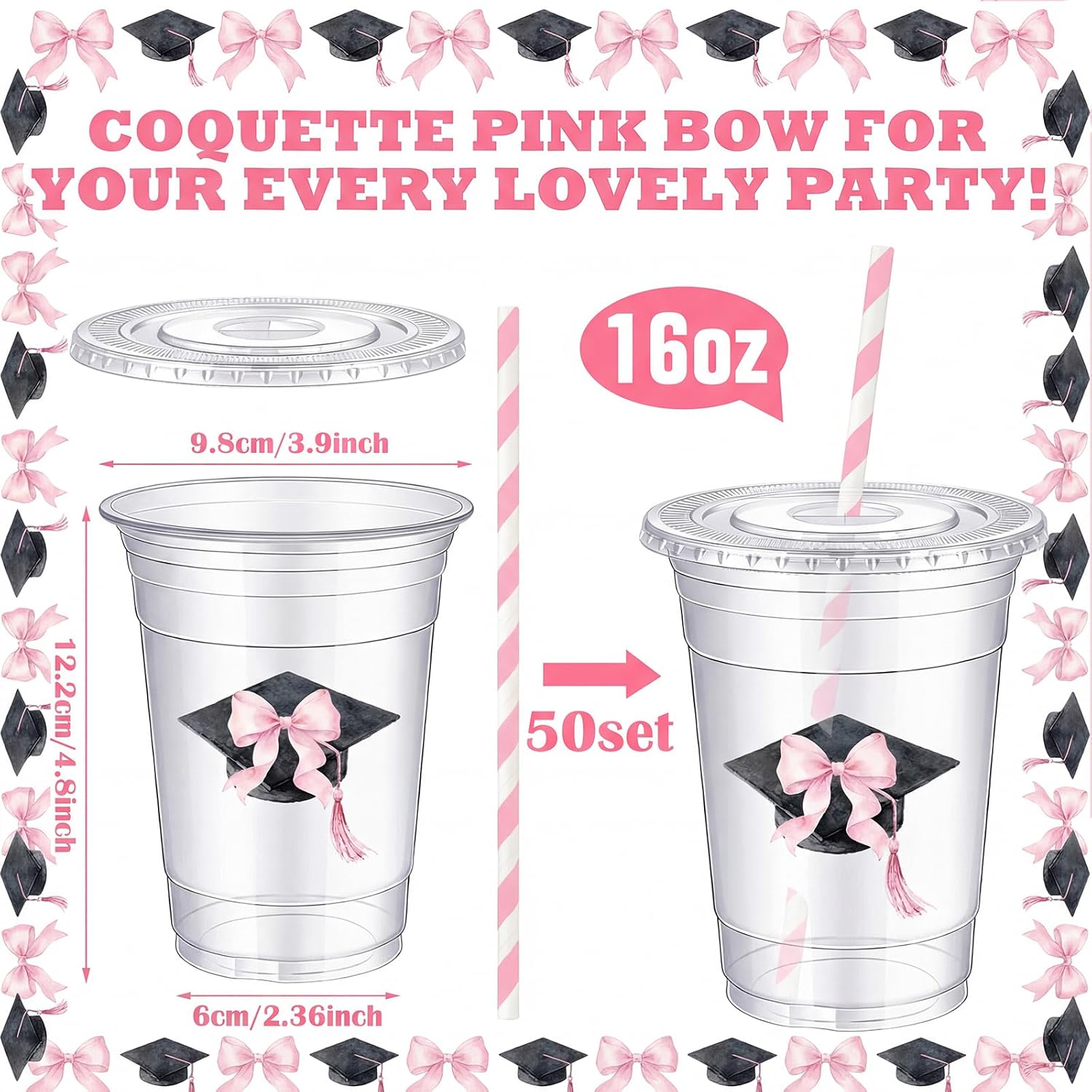Sliner 50 Pcs 16 oz Pink Bow Graduation Cap Cups Bulk Graduate Coquette Bow Disposable Plastic Cups with Straw Class of 2026 Senior Graduation Party Decorations Congrats Grad Prom Party Supplies