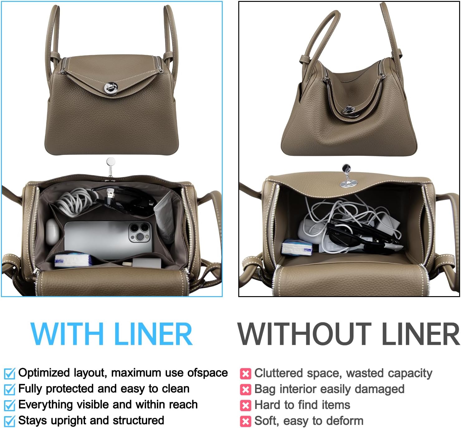 Organizer Insert for Lindy 19/26/30/34/45, Nylon Inner Bag Organiser(Size: LD26, Color: Etoupe Grey)
