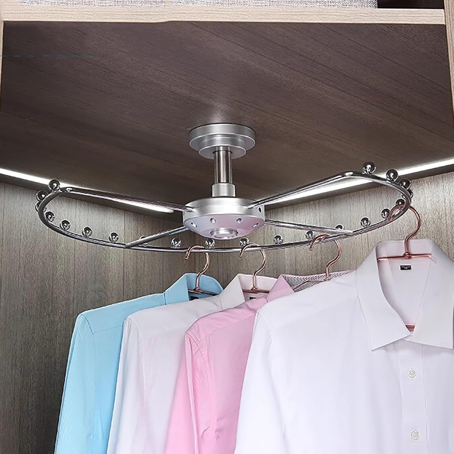 360 Rotating Corner Round Closet Support Rod, Heavy Duty Clothing Brackets for Hanging Clothes, Wardrobe Armoire Storage Organizer Closet Rack(Sliver,Small)