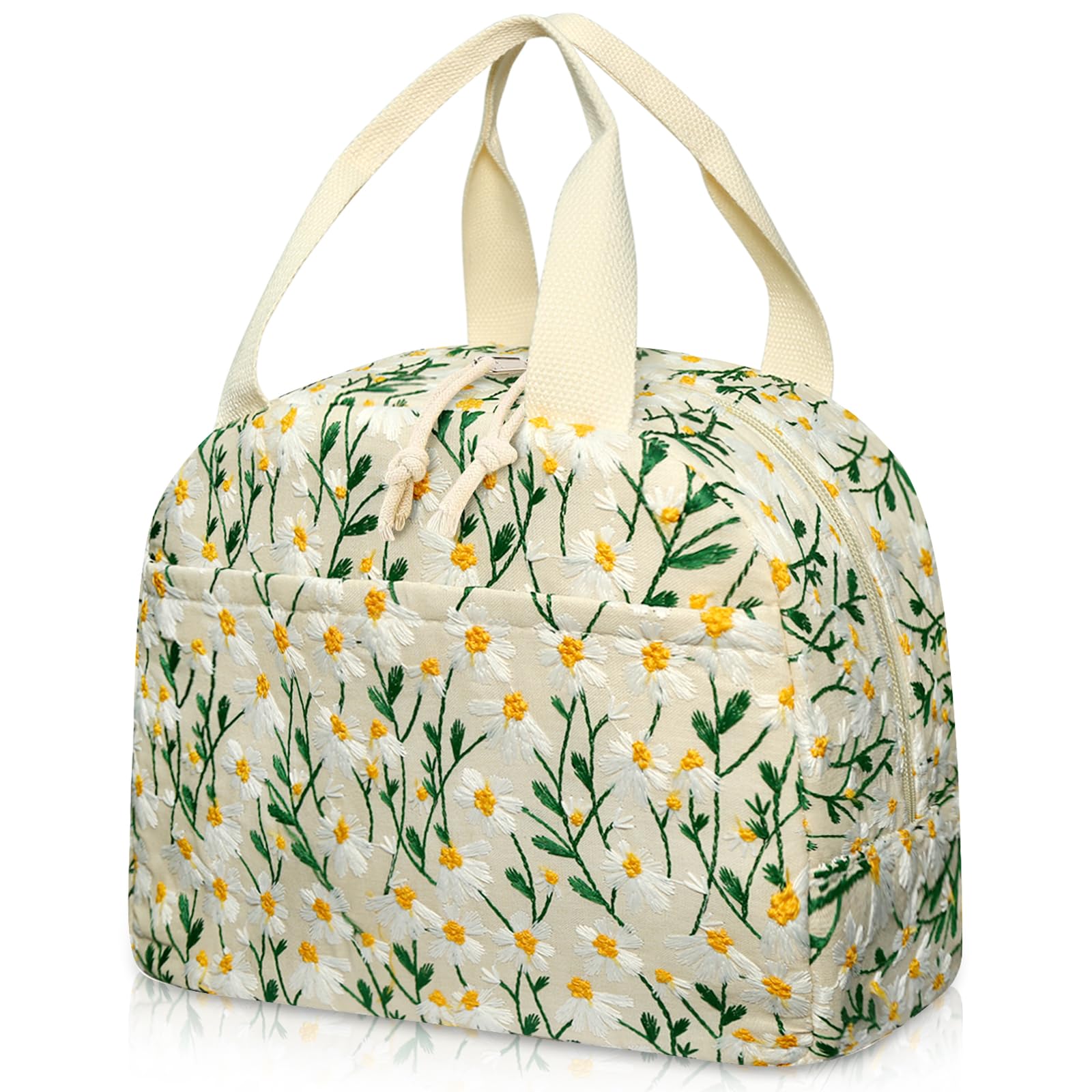 Lunch Bag for Women Cute Embroidered Daisy Lunch Box Insulated Leakproof Flower Lunch Tote Bag for Adult Large Floral Lunch Sack Bag Reusable Lunch Bags for Work Picnic Travel Daisy Gifts