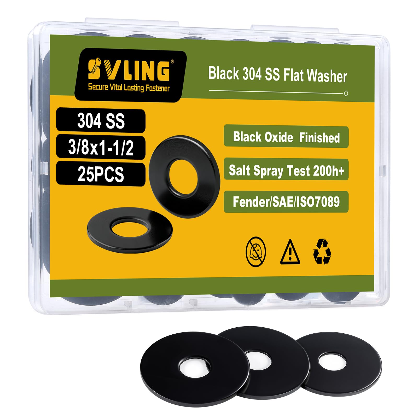 25PCS 3/8" x1-1/2 Fender Washers, Black Oxide 304 Stainless Steel 18-8, 3/8" ID x 1-1/2" OD Hardware Flat Washers for Screws Bolts - 1