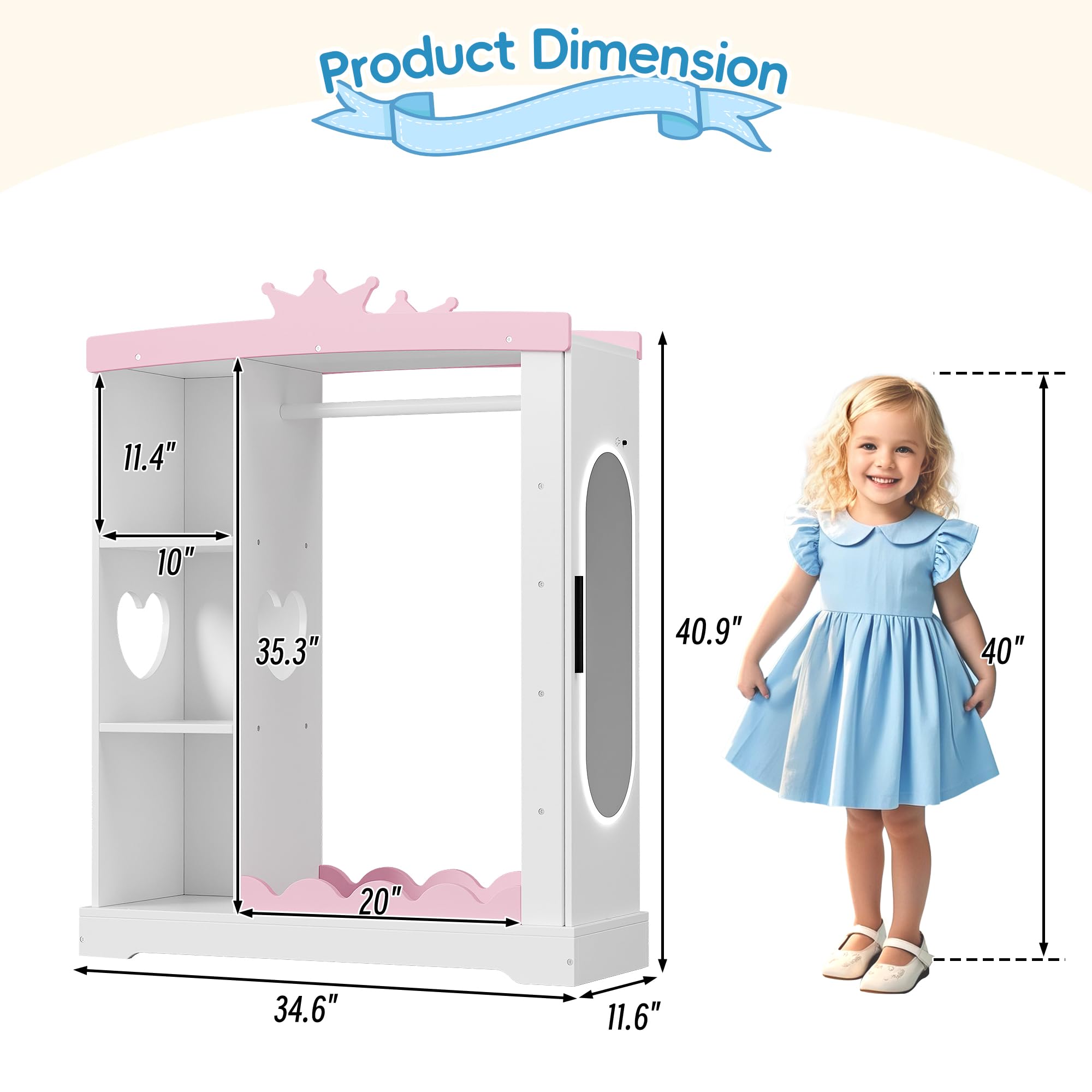 Betterhood Kids Closet with Jewelry Cabinet, Dress up Storage with Shelves&Mirror, Costumes Wardrobe Closet with Hanging Rack for Toddlers,Organizer for Bedroom, (Kids' Armoires, White)