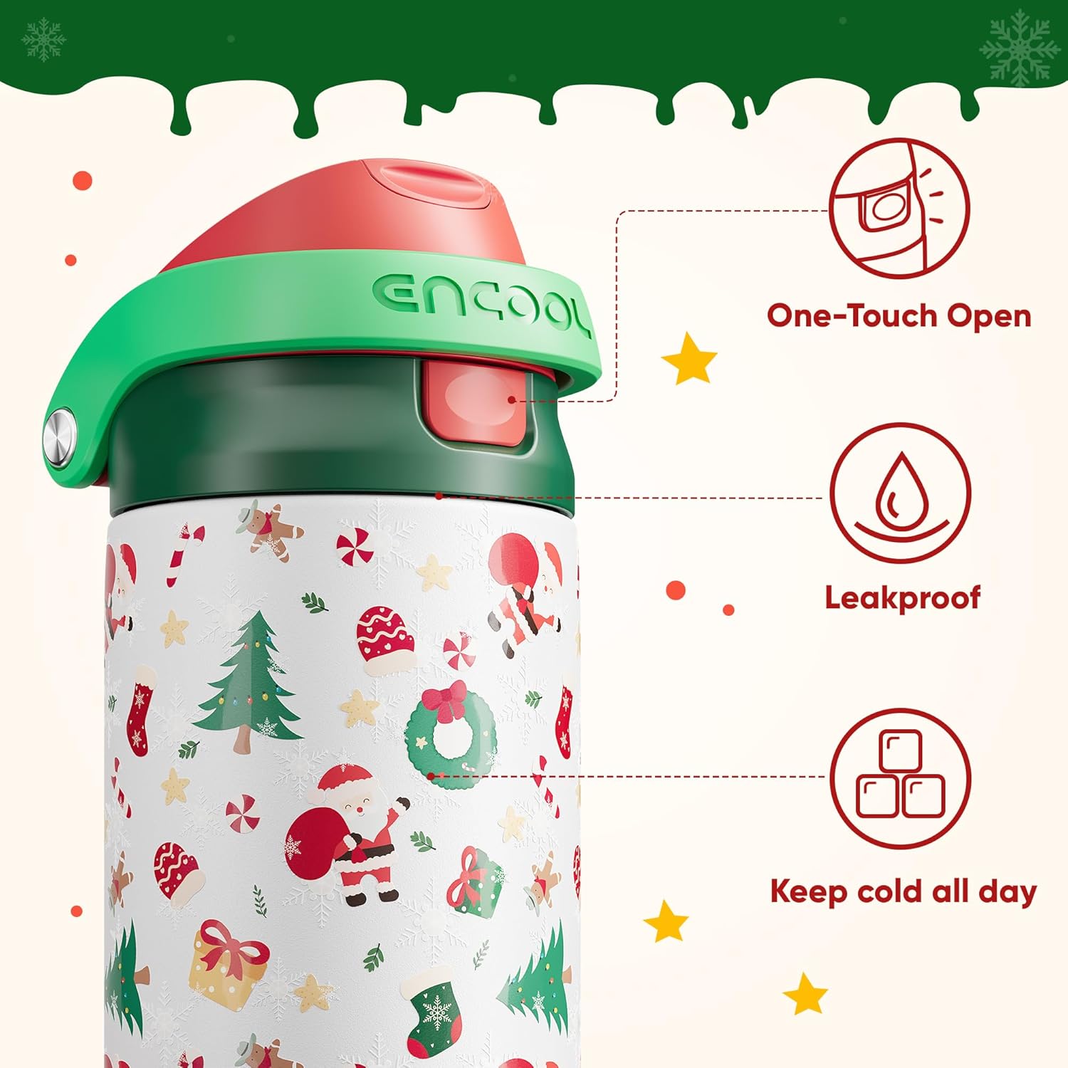Christmas Insulated Water Bottle with Straw - Leak Proof Stainless Steel Water Bottle for School, Travel, Keeps Cold All Day, One-Touch Flip Lid, Holiday Gifts For Women Men, 24 oz, Santa Parade - Image 4