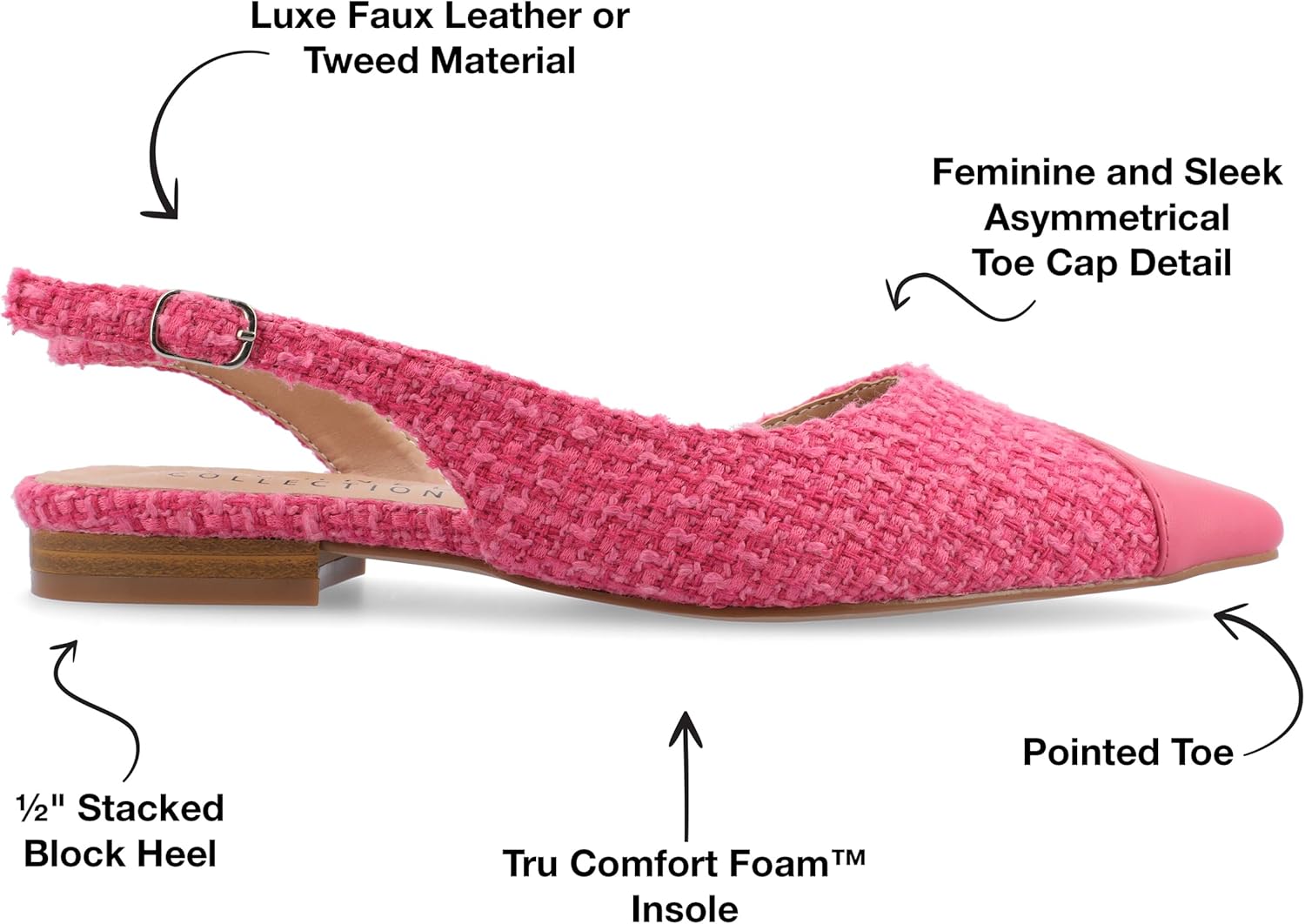 Journee Womens Buckle Slingback Tweed Stacked Block Heel Closed Pointed Toe Comfort Foam Daphnne Flat