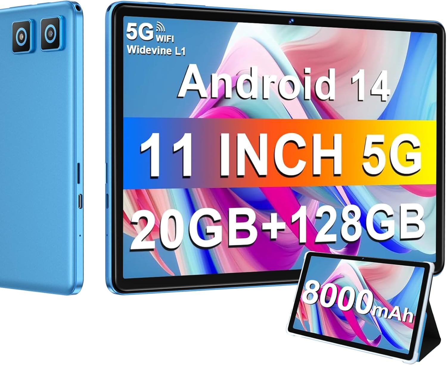 Tablet 2026 11 Inch Tablet Android 14 Tablets with 128GB + 20GB Large Storage, Octa-Core 2.0Ghz, 8000mAh,18W Fast Charging, 5G WiFi, GPS, 5+13MP Camera, Widevine L1, Face Unlock-Blue