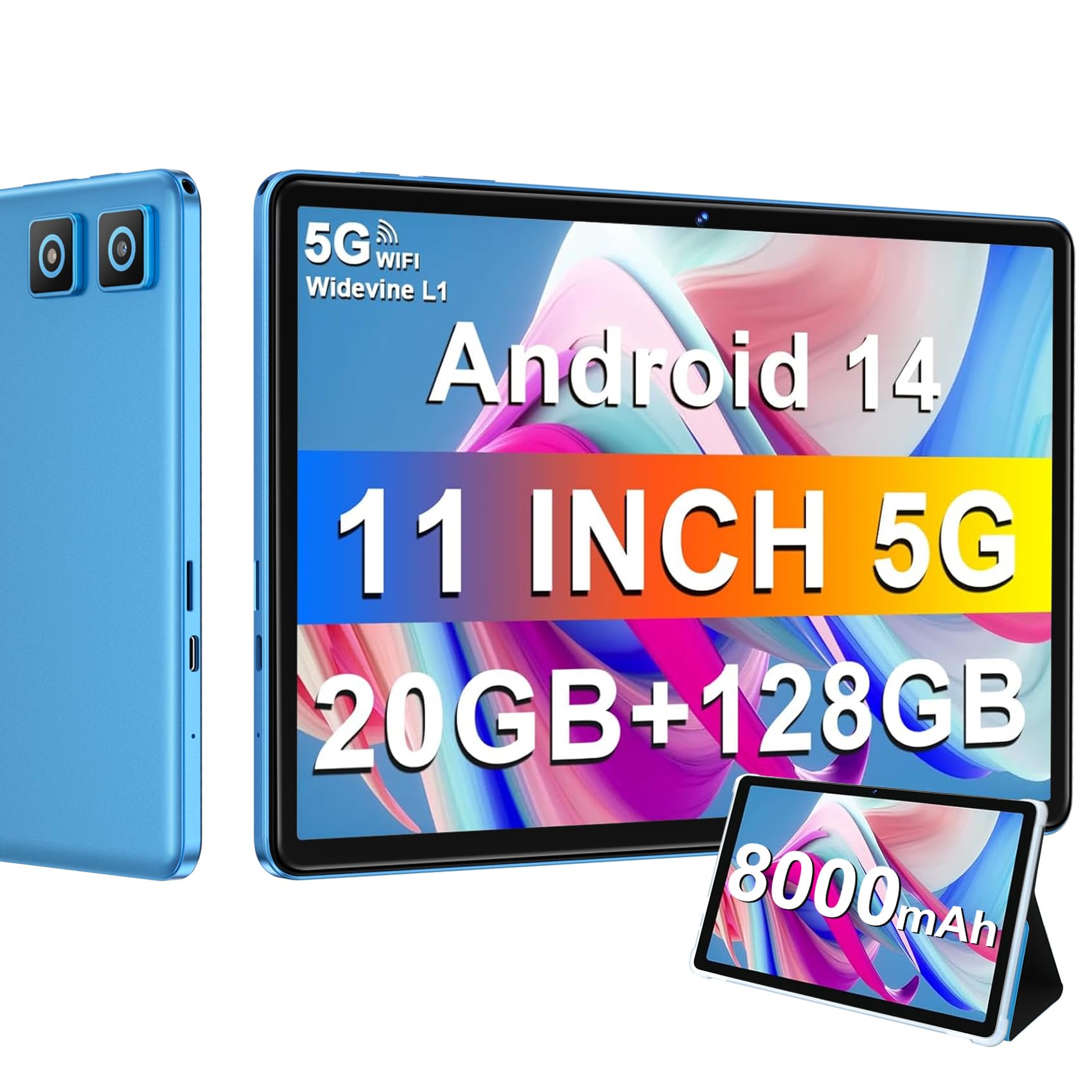 Tablet 2025 11 Inch Tablet Android 14 Tablets with 128GB + 20GB Large Storage, Octa-Core 2.0Ghz, 8000mAh,18W Fast Charging, 5G WiFi, GPS, 5+13MP Camera, Widevine L1, Face Unlock-Blue