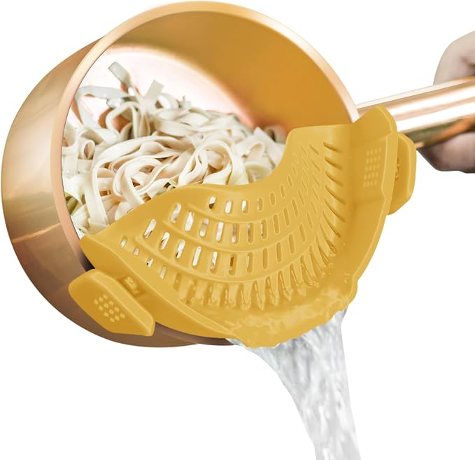 AUOON Clip On Strainer Silicone for All Pots and Pans, Pasta Strainer Clip on Food Strainer for Meat Vegetables Fruit Silicone Kitchen Colander (Misted Yellow)