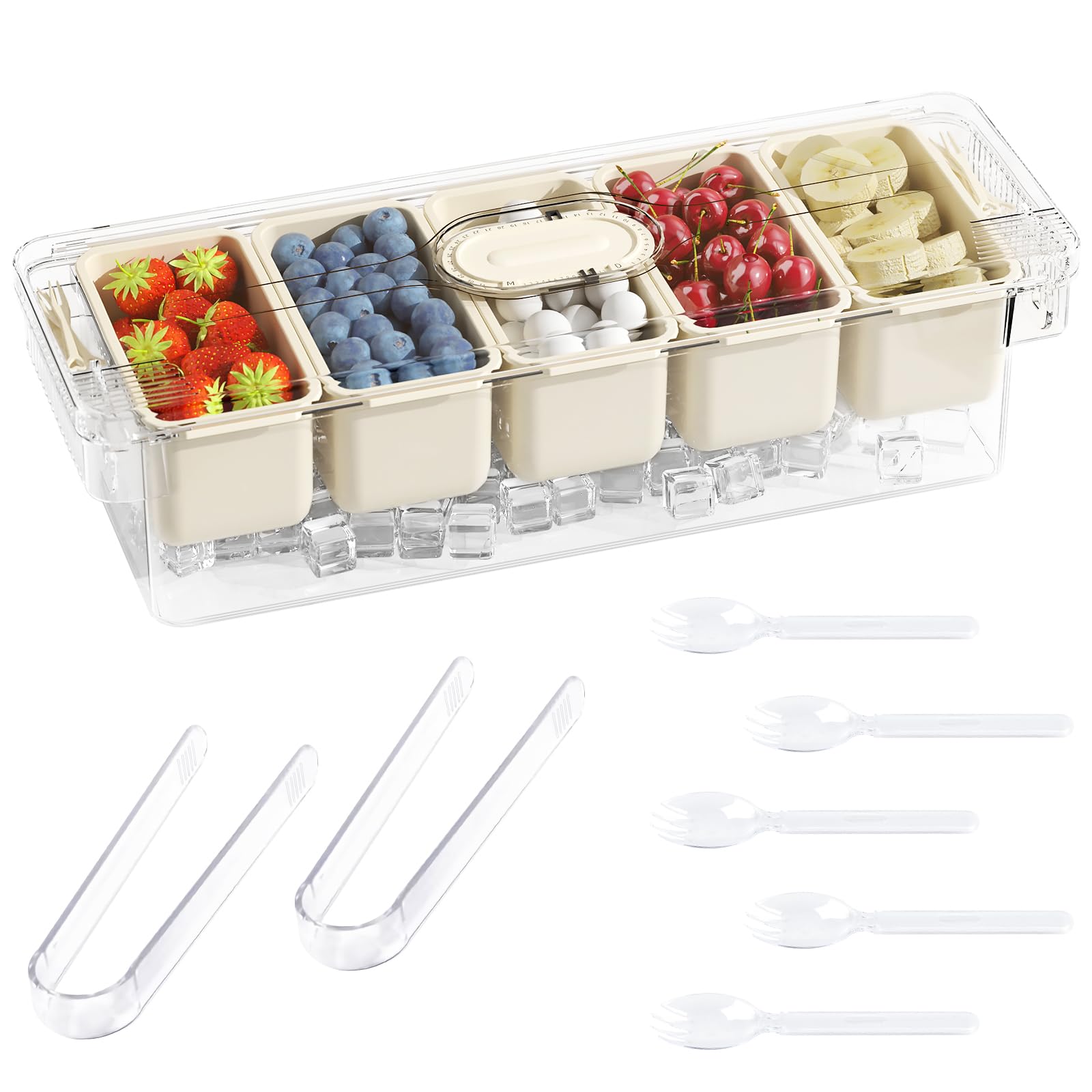 Fangoo Condimentos Refrigerados Organizador con Tapa con 5 Compartimentos 5 tenedores y 2 clips extraíbles en Hielo Bandeja Condimentos Refrigerada Viene para bar de ensalada Buffetes de pizza