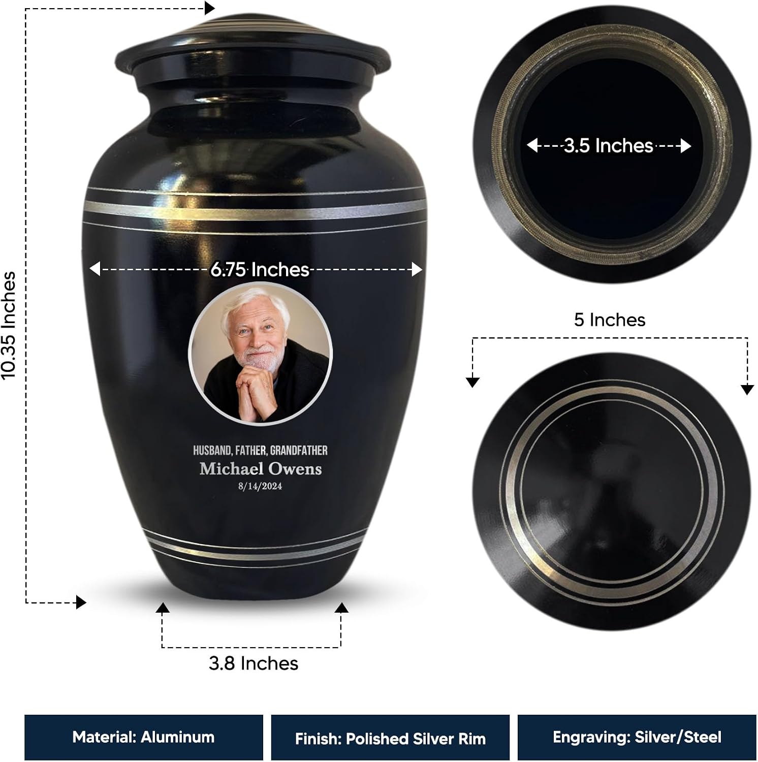Personalized Photo Human Cremation Urn for Adult Ashes - Engraved Aluminum Vessel with Full Color Photo | 10.35" x 6.75" Urn for Human Cremains Up to 200 Lbs | Polished Silver Rim