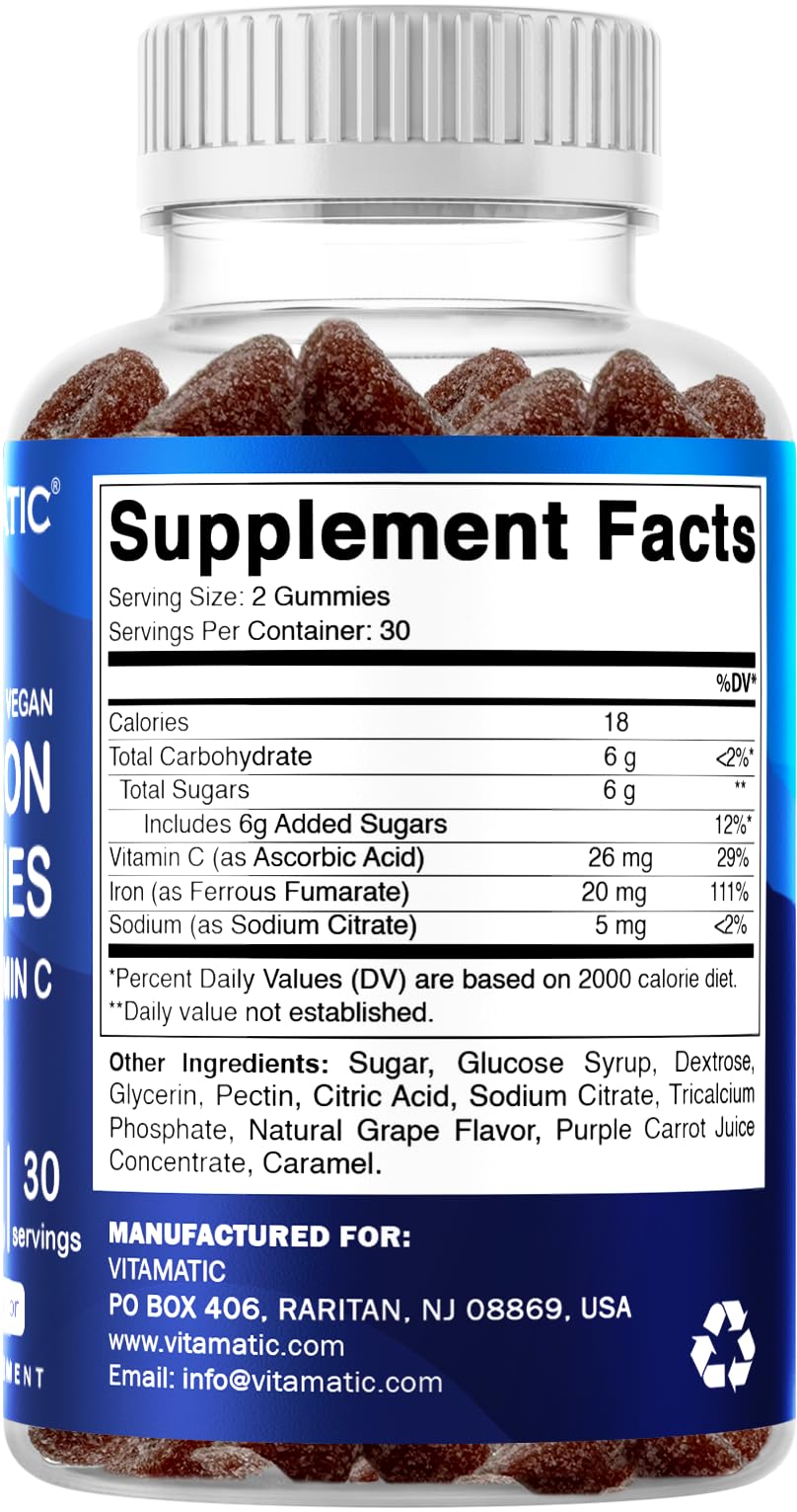 Vitamatic Vegan Iron 20 mg with VIT. C, 60 Natural Grape Flavor Gummies — Amazon image 8
