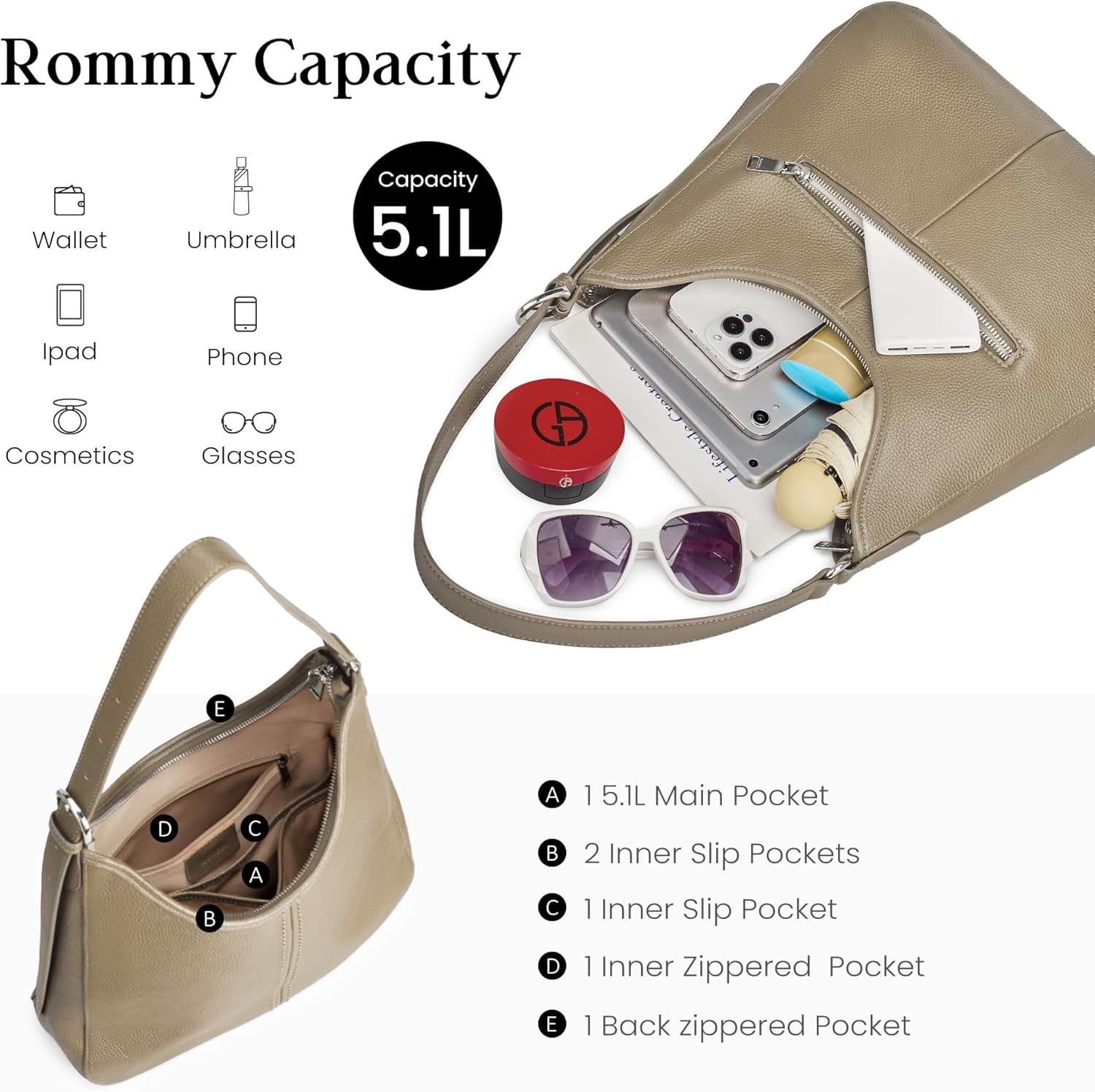 befen Genuine Leather Hobo Bags for Women, Top Grain Real Leather Women's Shoulder Bag Handbags Purses with Adjustable Strap - Image 5